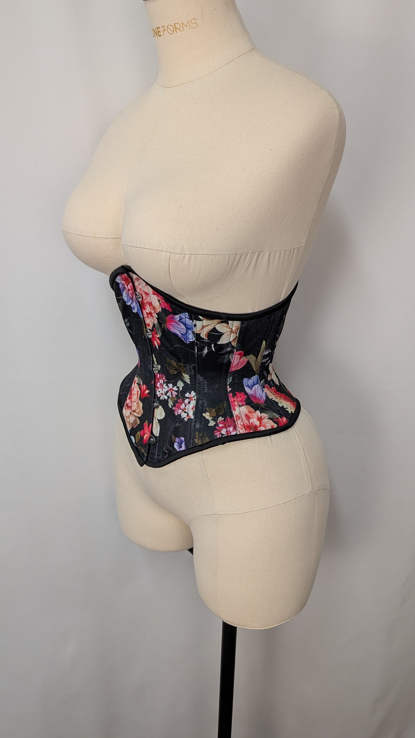 Black Floral Satin Steel Boned High Hip Underbust Corset