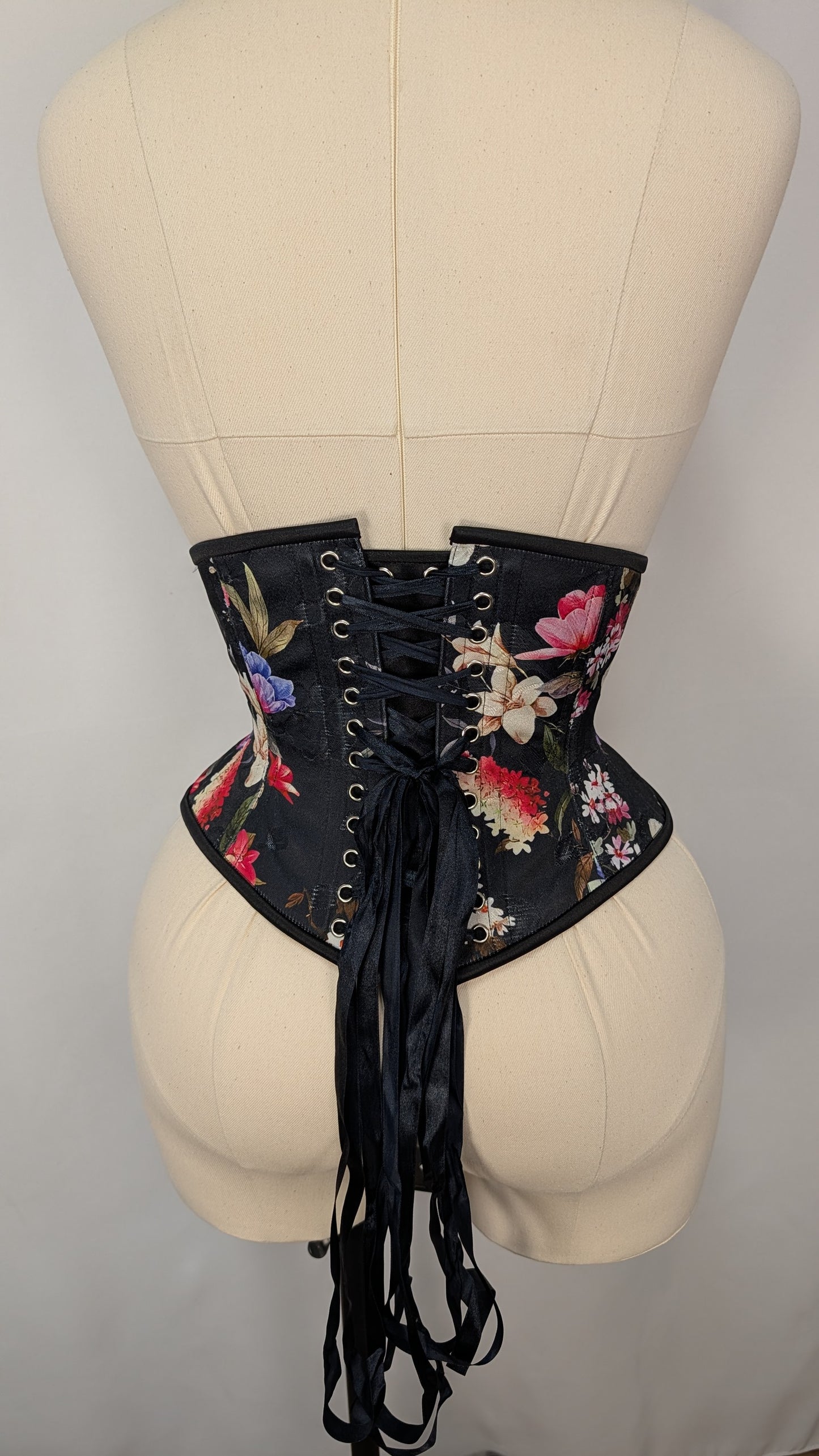 Black Floral Satin Steel Boned High Hip Underbust Corset