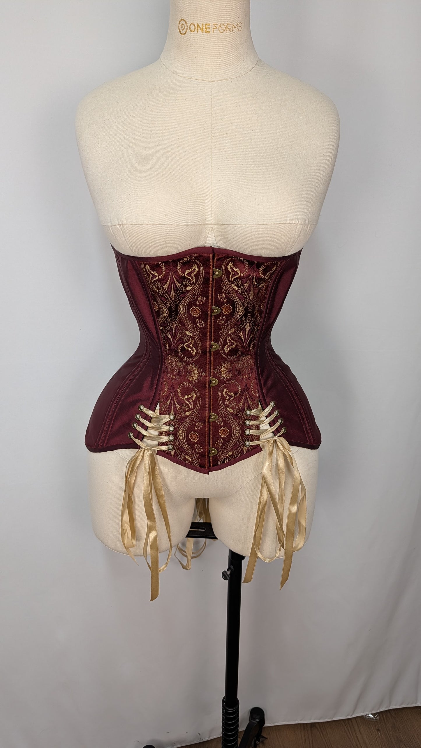 Burgundy Damask Jacquard Steel Boned Low Hip Edwardian Underbust Corset
