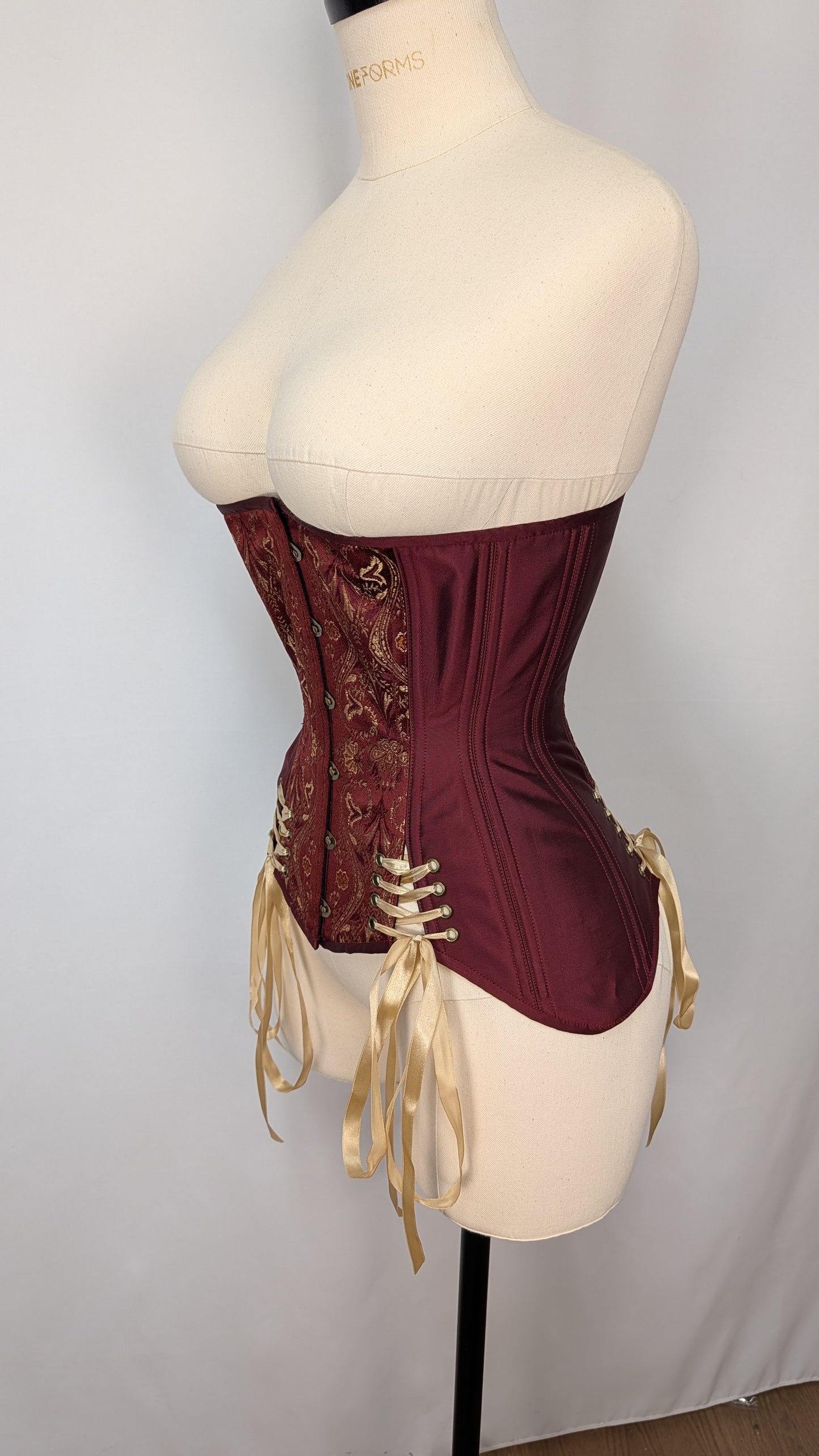 Burgundy Damask Jacquard Steel Boned Low Hip Edwardian Underbust Corset
