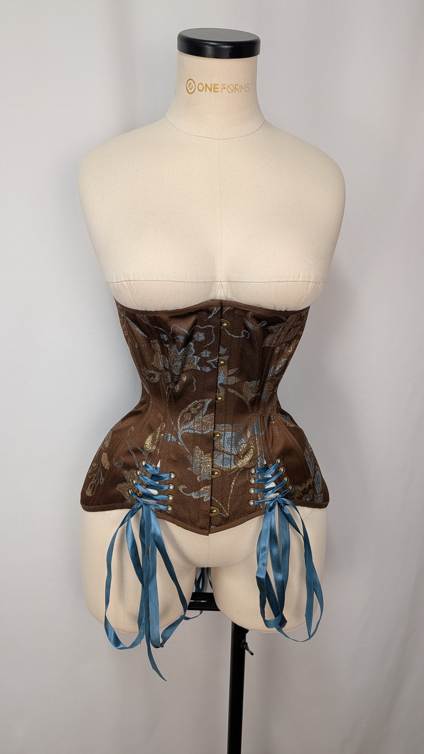 Brown Gold Teal Jacquard Steel Boned Low Hip Edwardian Underbust Corset