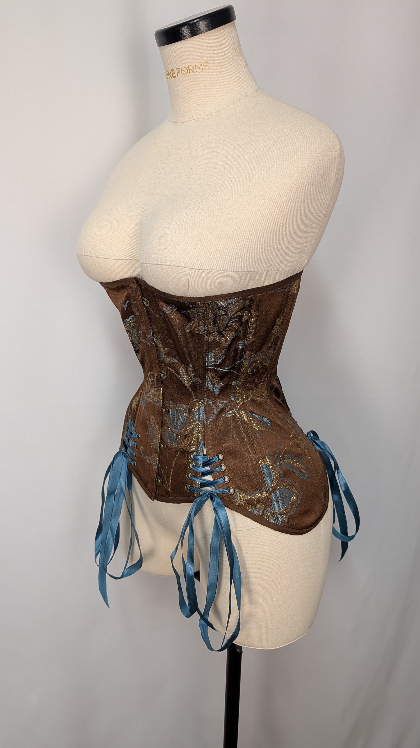 Brown Gold Teal Jacquard Steel Boned Low Hip Edwardian Underbust Corset