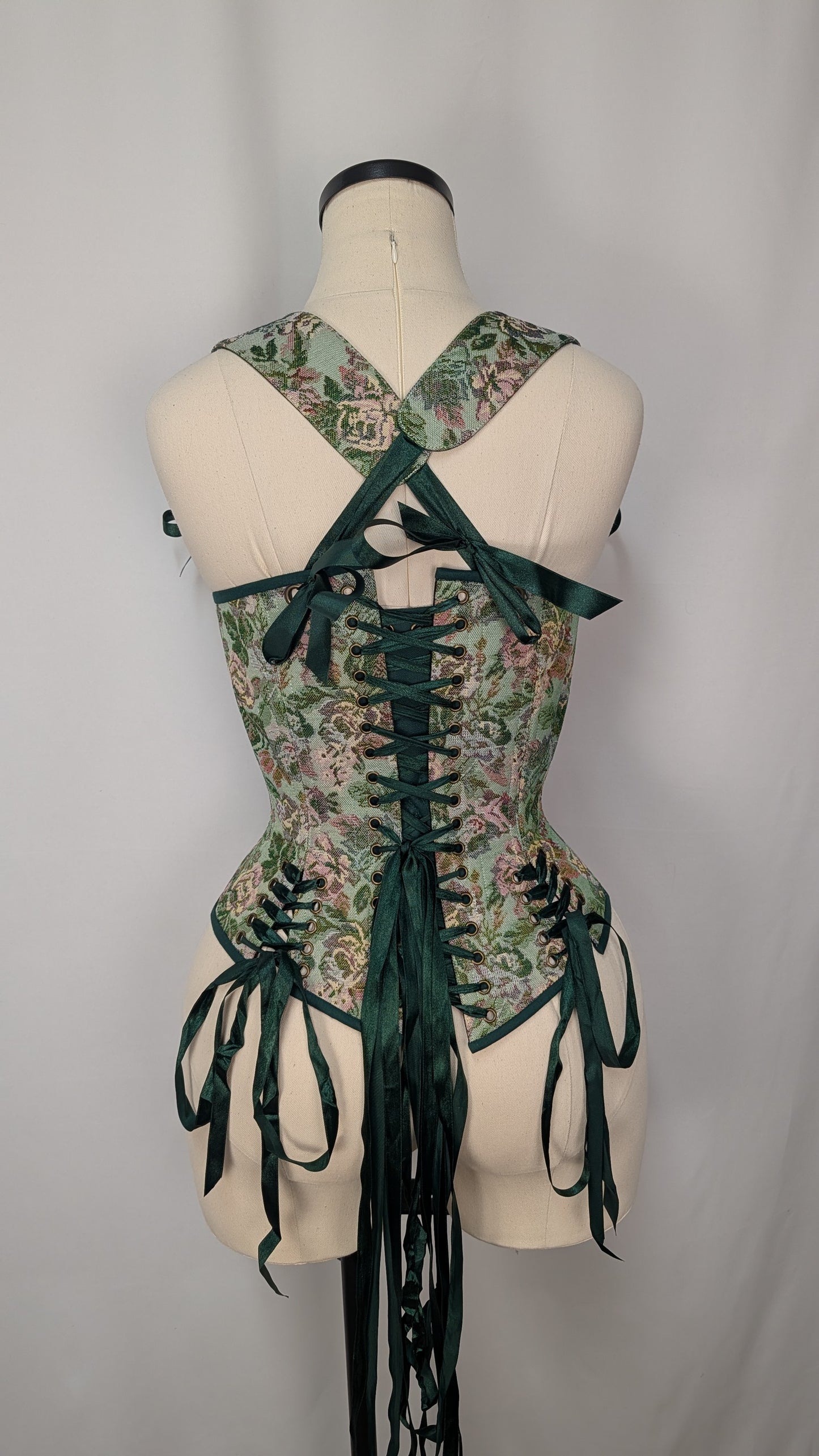 Green Floral Tapestry Cottagecore Front Lacing Bodice Corset
