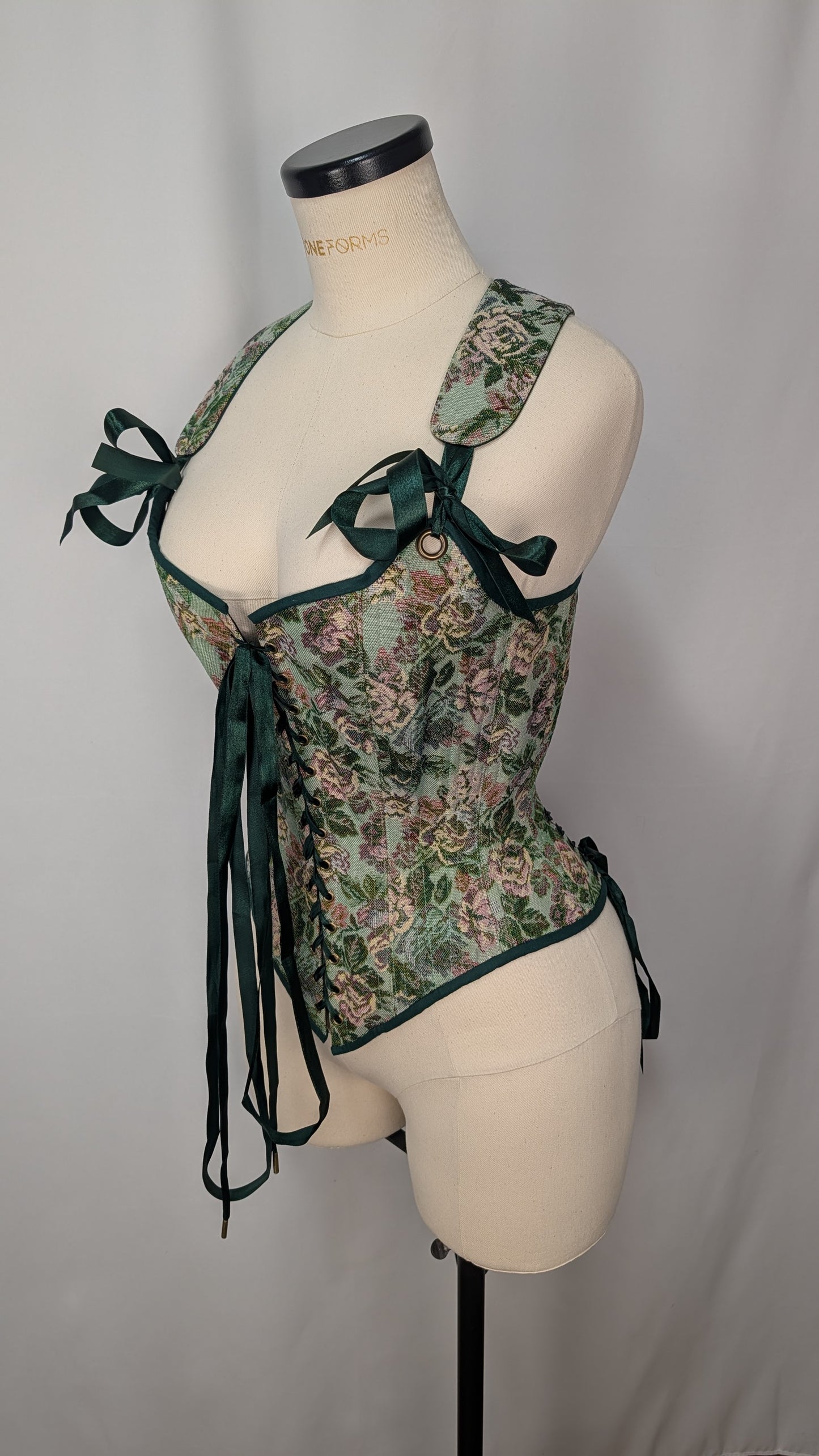 Green Floral Tapestry Cottagecore Front Lacing Bodice Corset