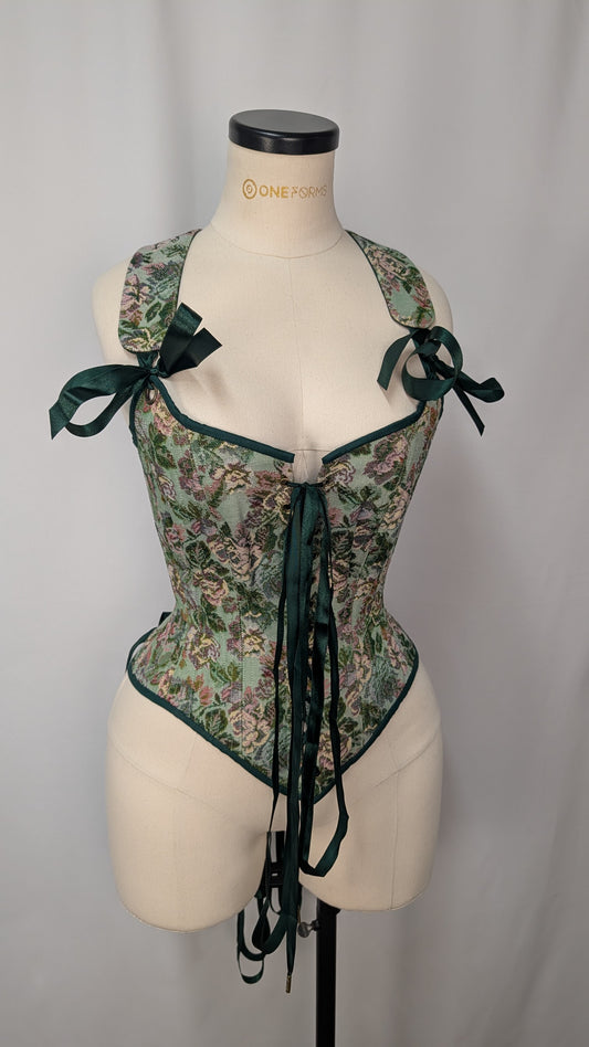 Green Floral Tapestry Cottagecore Front Lacing Bodice Corset