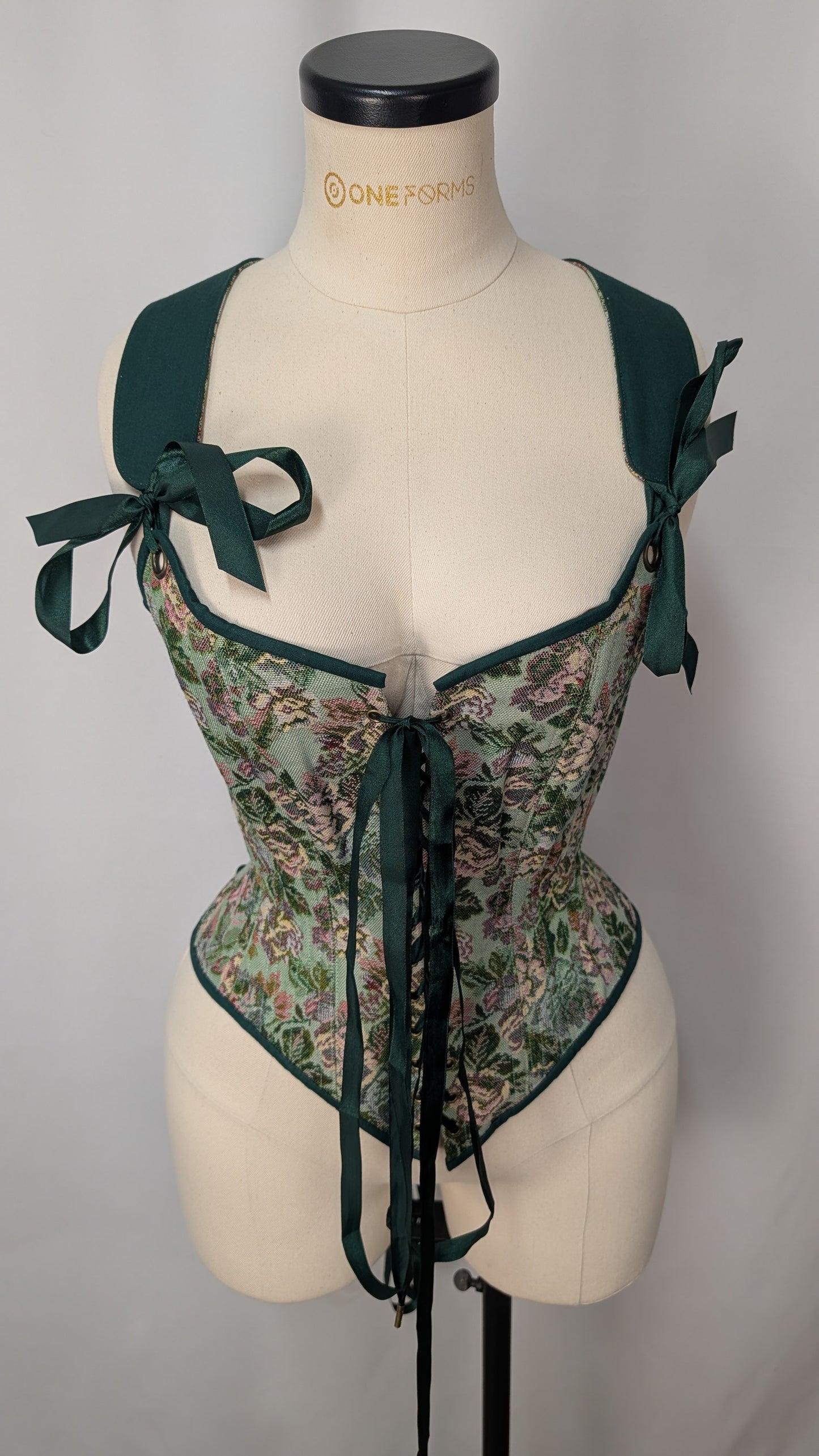 Green Floral Tapestry Cottagecore Front Lacing Bodice Corset