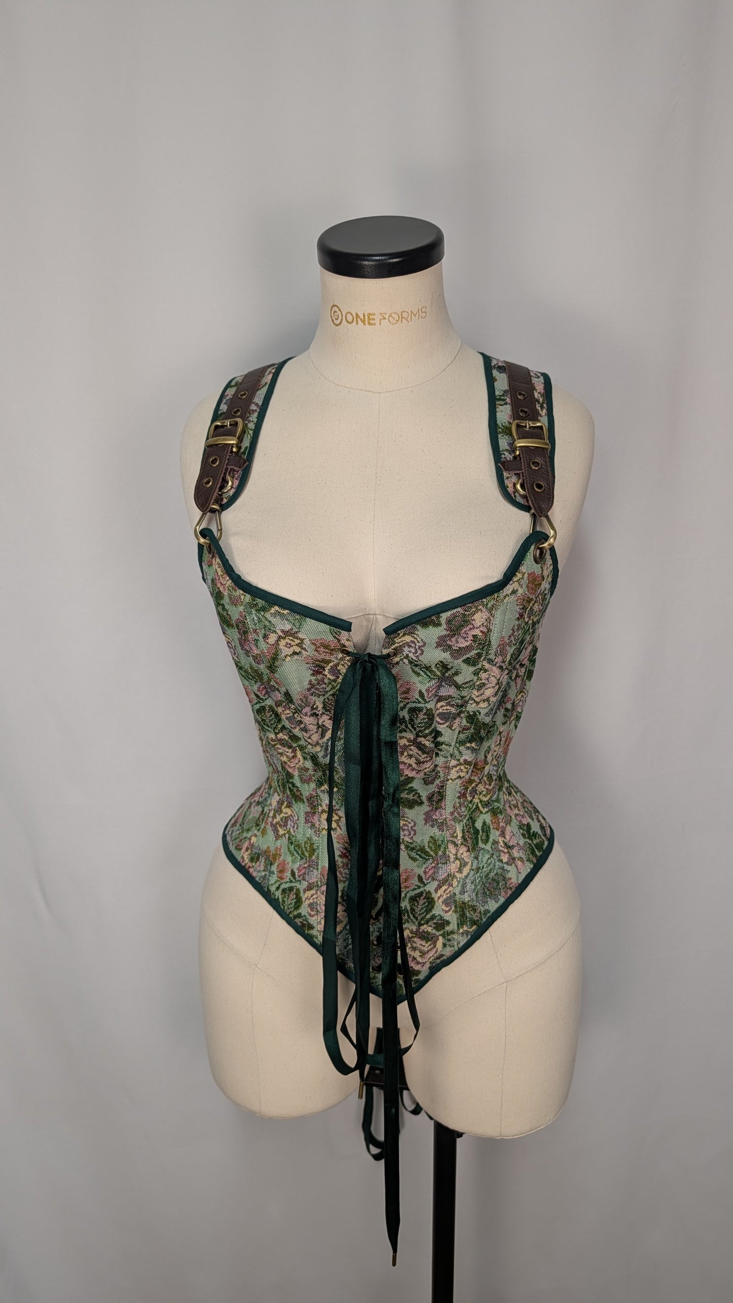Green Floral Tapestry Cottagecore Front Lacing Bodice Corset