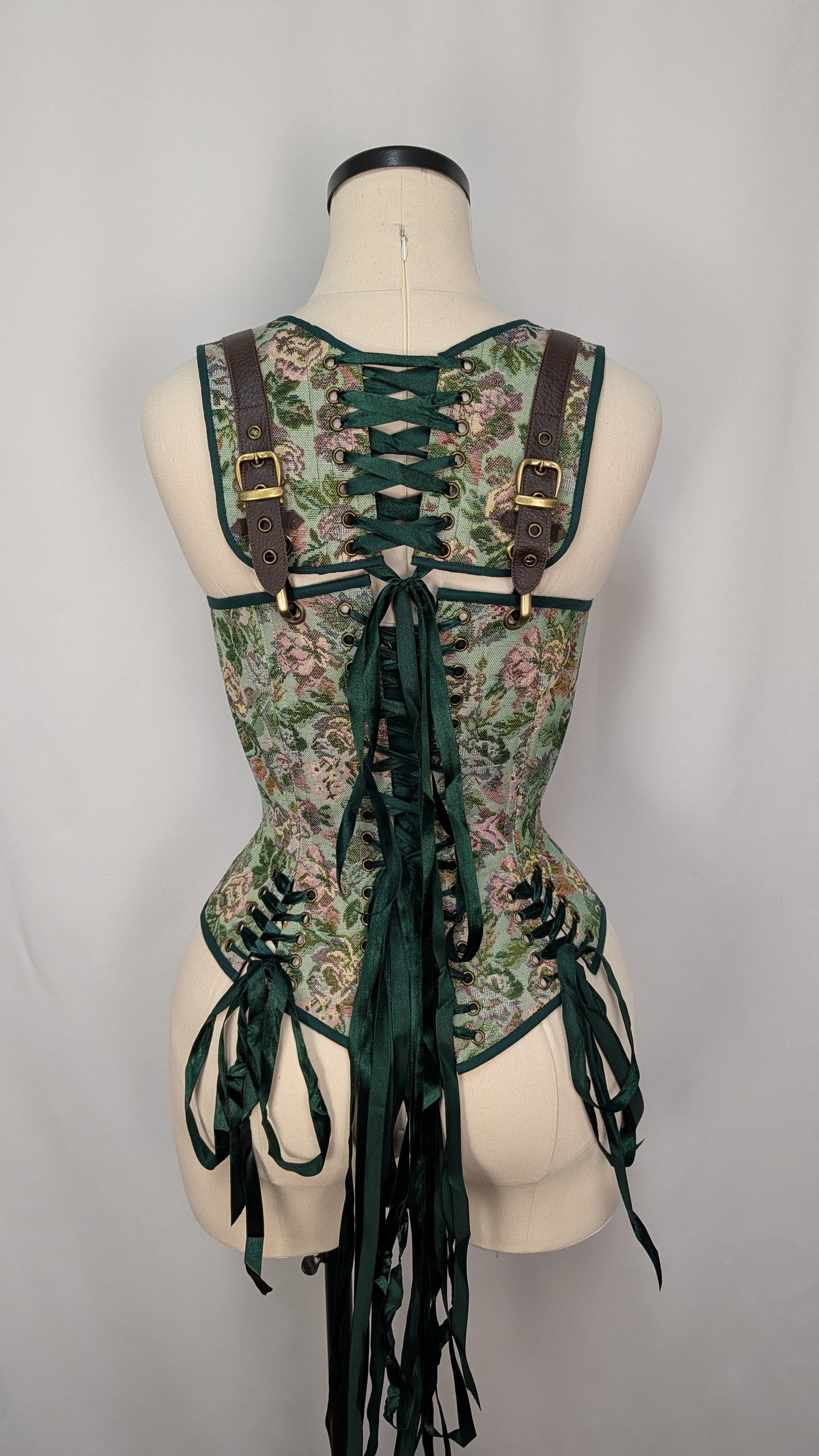 Green Floral Tapestry Cottagecore Front Lacing Bodice Corset