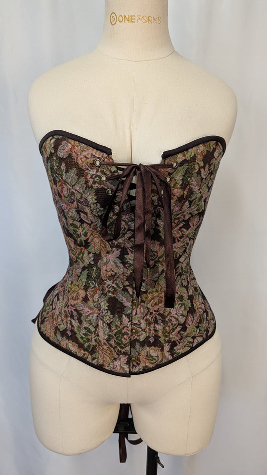 Brown Floral Jacquard Tapestry Laced Bust Overbust Corset