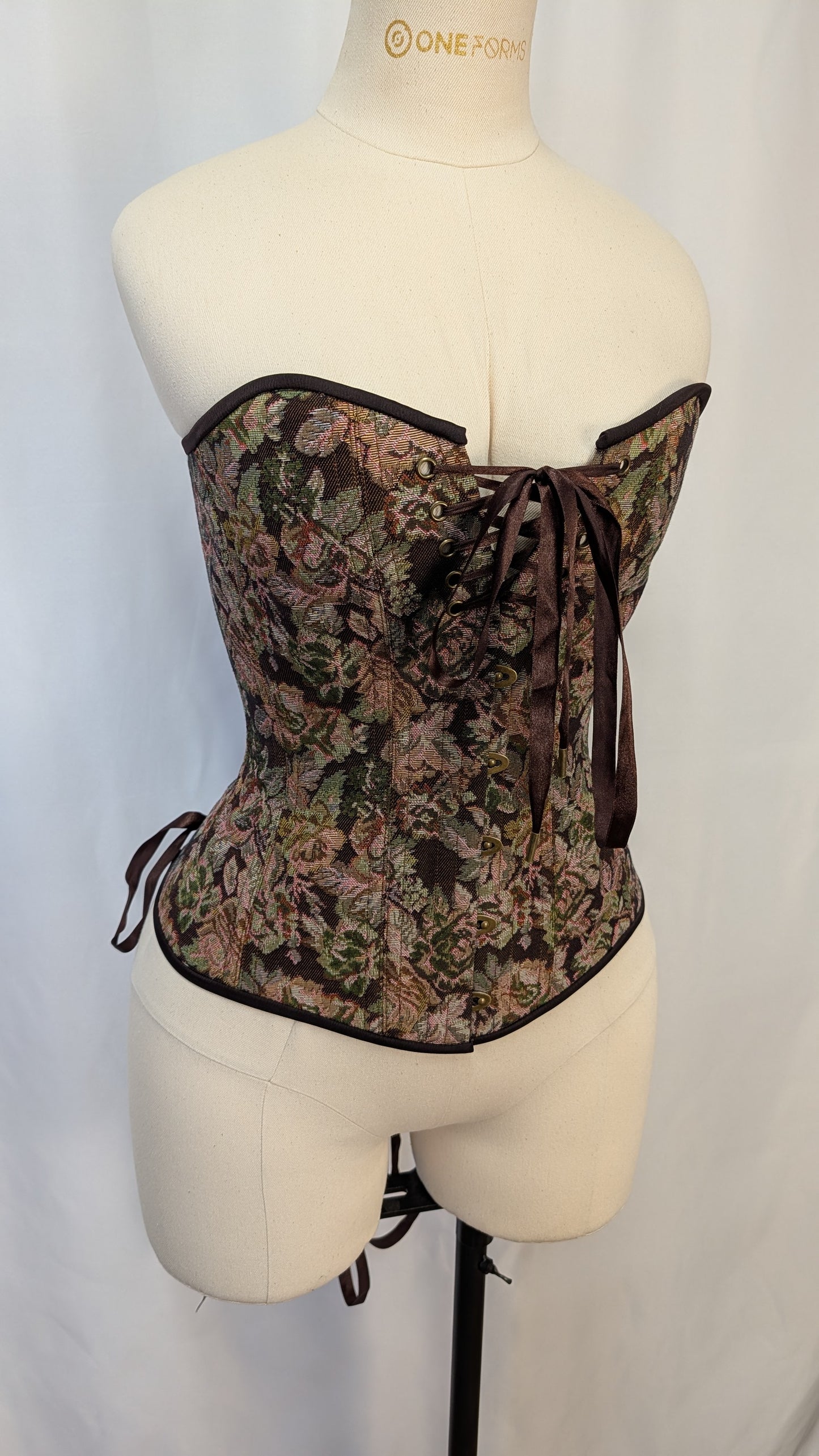 Brown Floral Jacquard Tapestry Laced Bust Overbust Corset