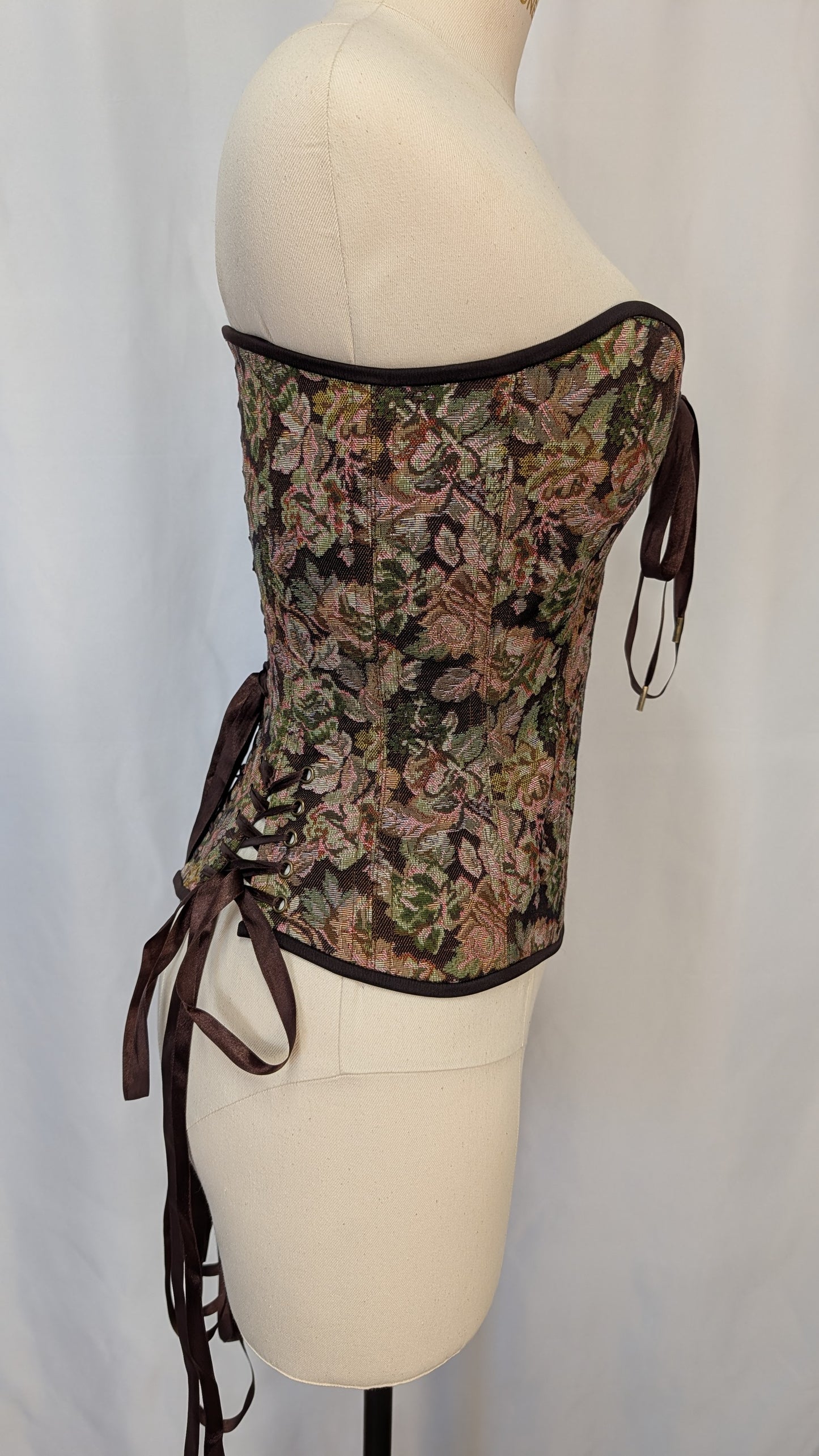Brown Floral Jacquard Tapestry Laced Bust Overbust Corset