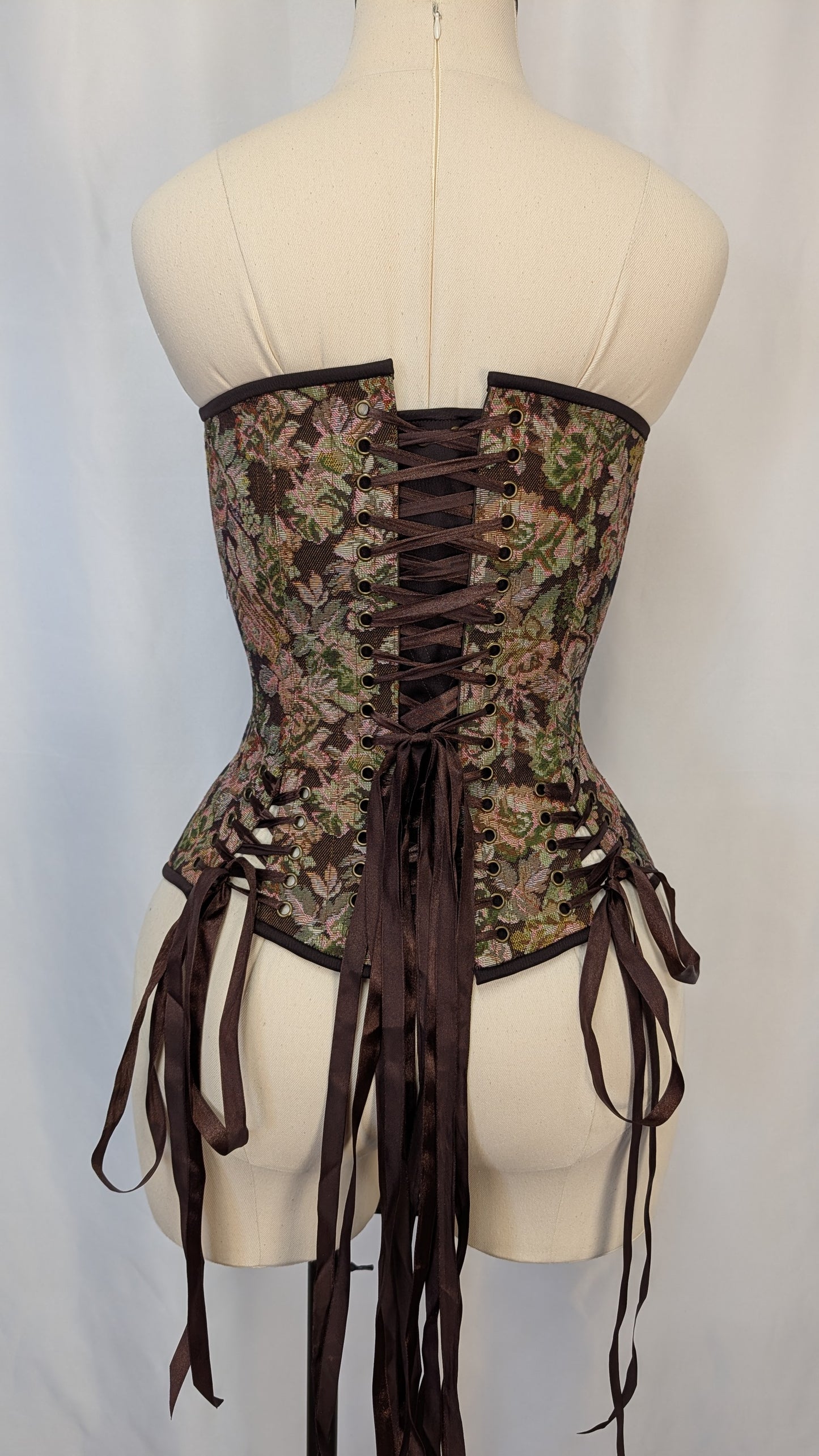 Brown Floral Jacquard Tapestry Laced Bust Overbust Corset