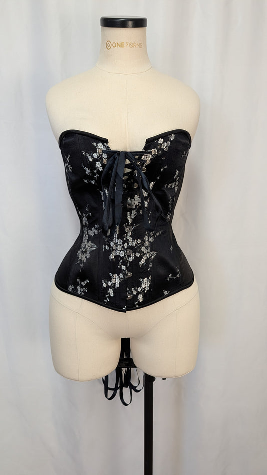 Black and Silver Cherry Blossom Brocade Laced Bust Overbust Corset
