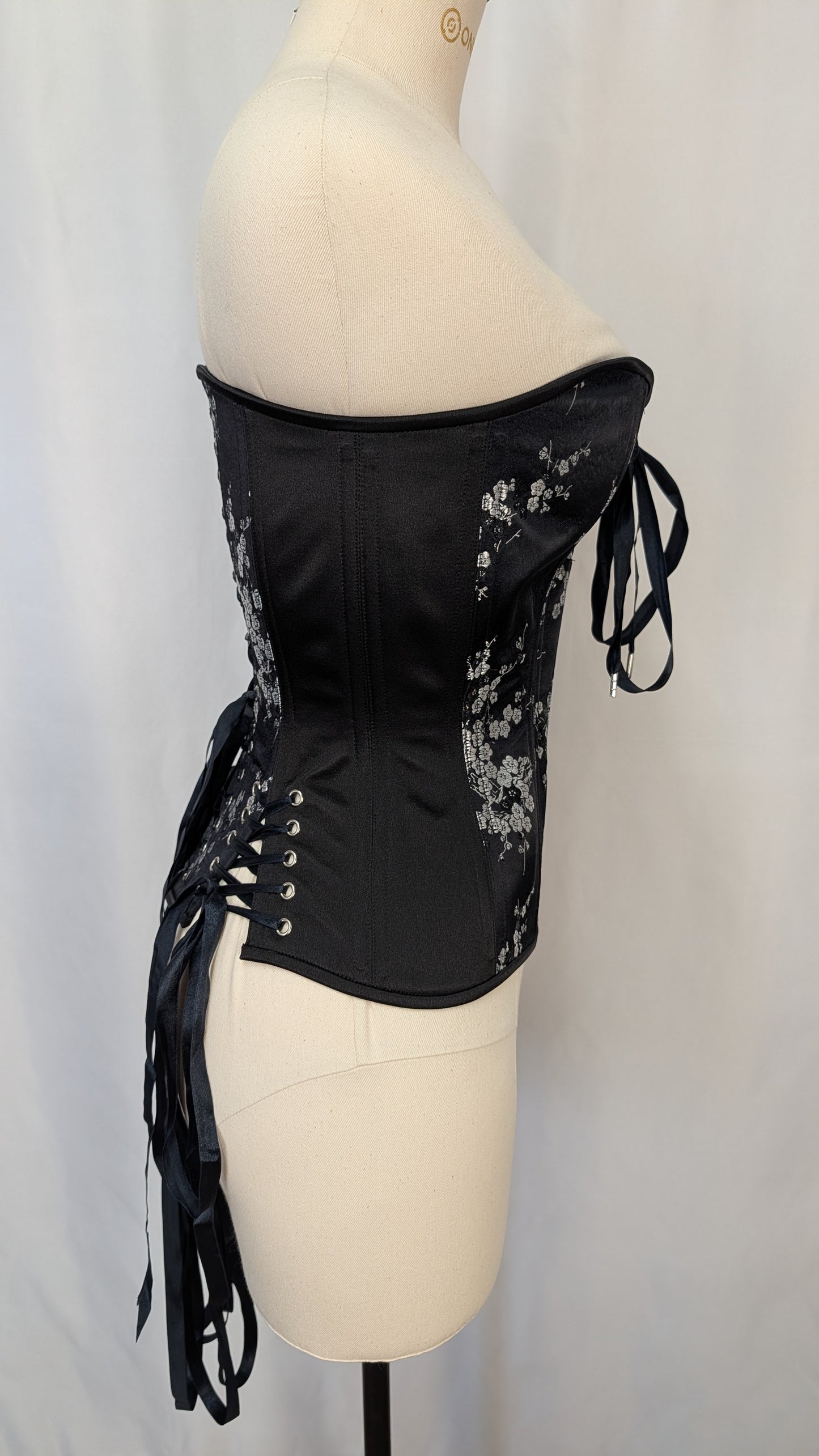Black and Silver Cherry Blossom Brocade Laced Bust Overbust Corset