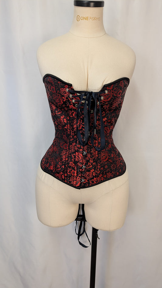 Red Black Floral Brocade Laced Bust Overbust Corset