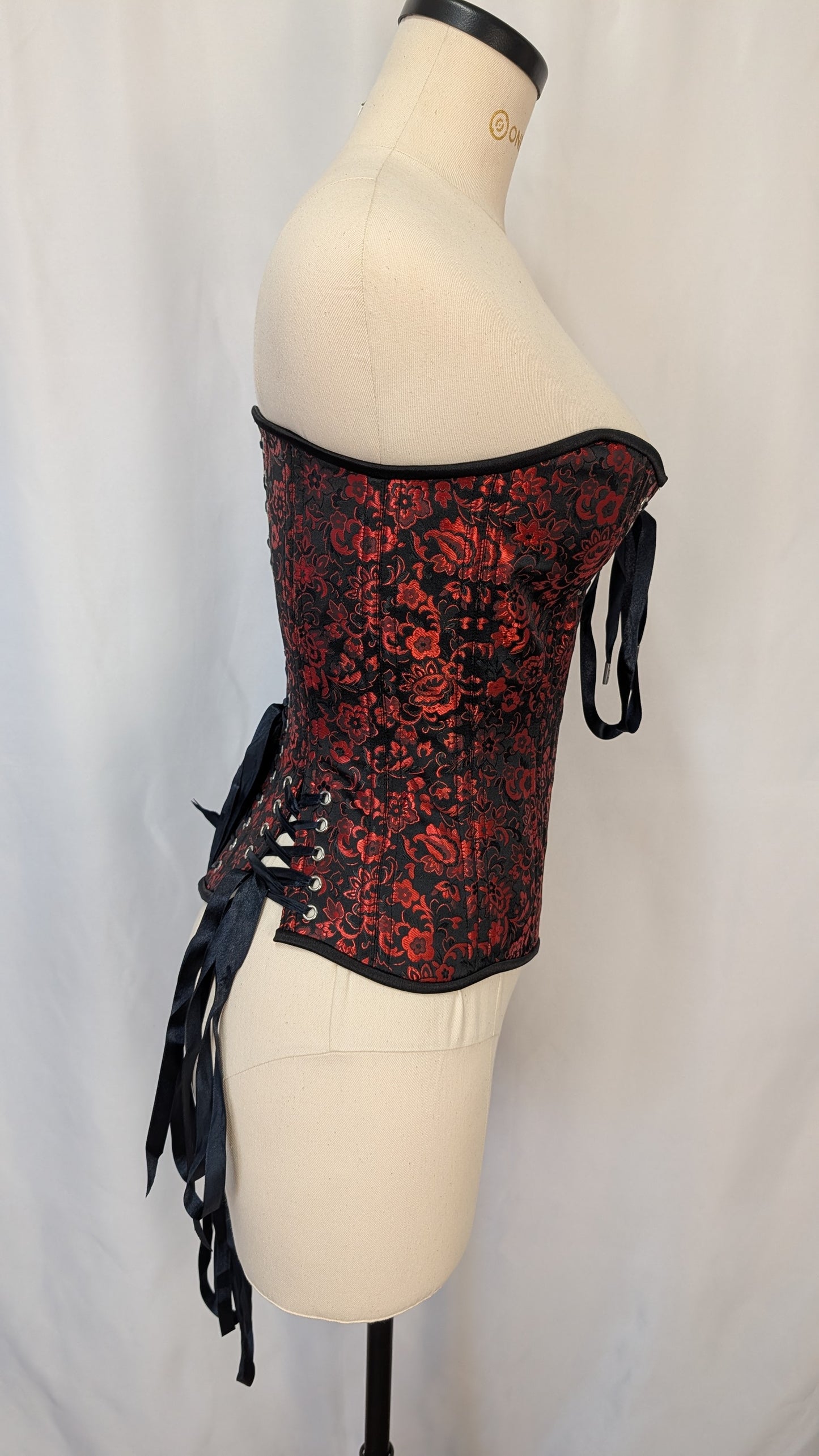 Red Black Floral Brocade Laced Bust Overbust Corset