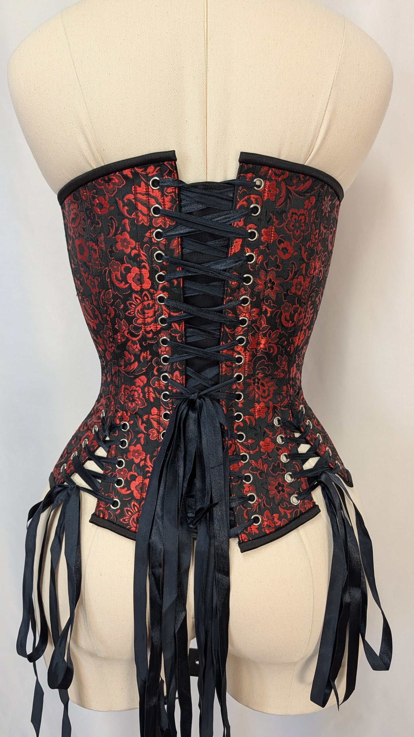 Red Black Floral Brocade Laced Bust Overbust Corset