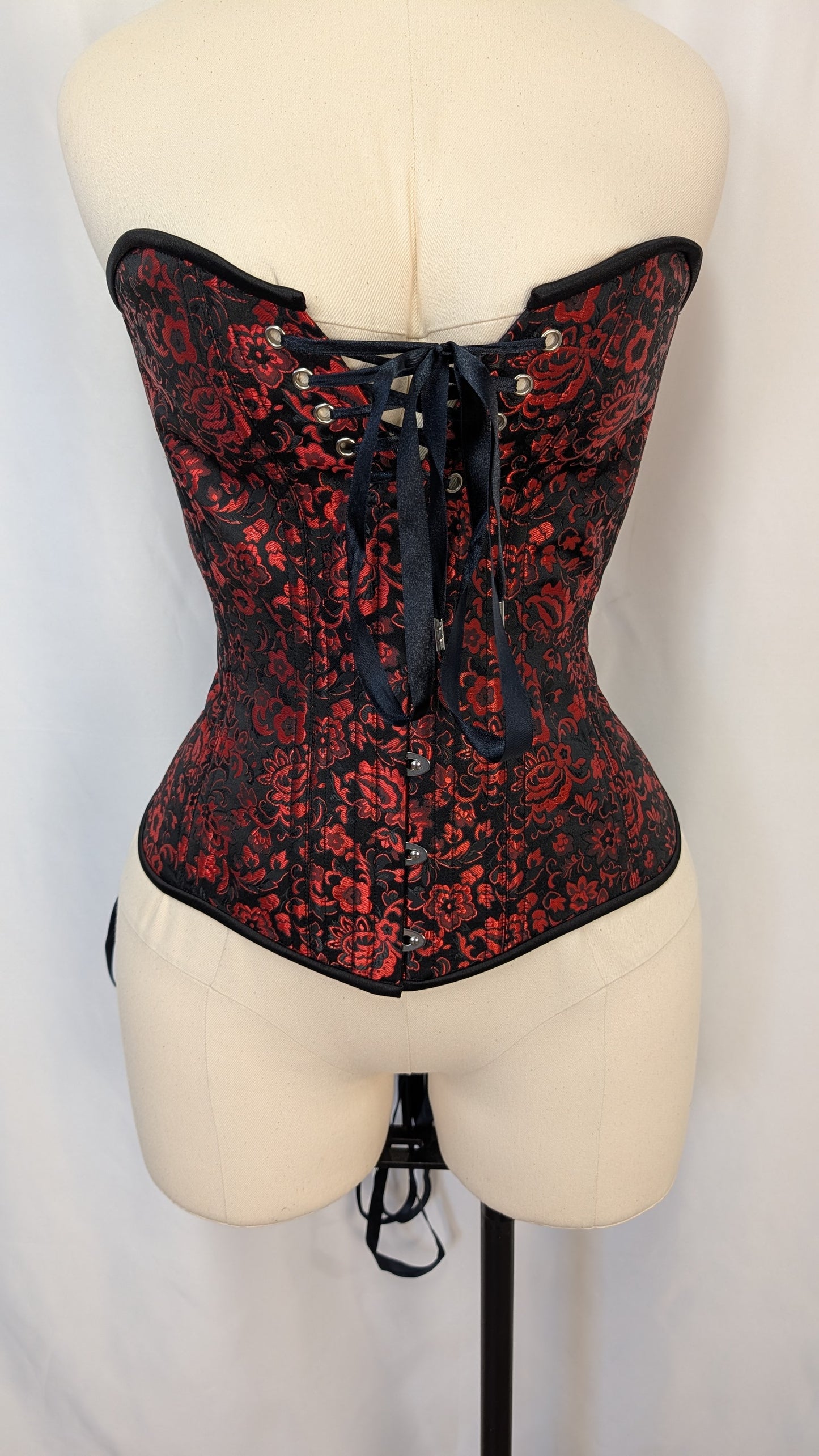Red Black Floral Brocade Laced Bust Overbust Corset