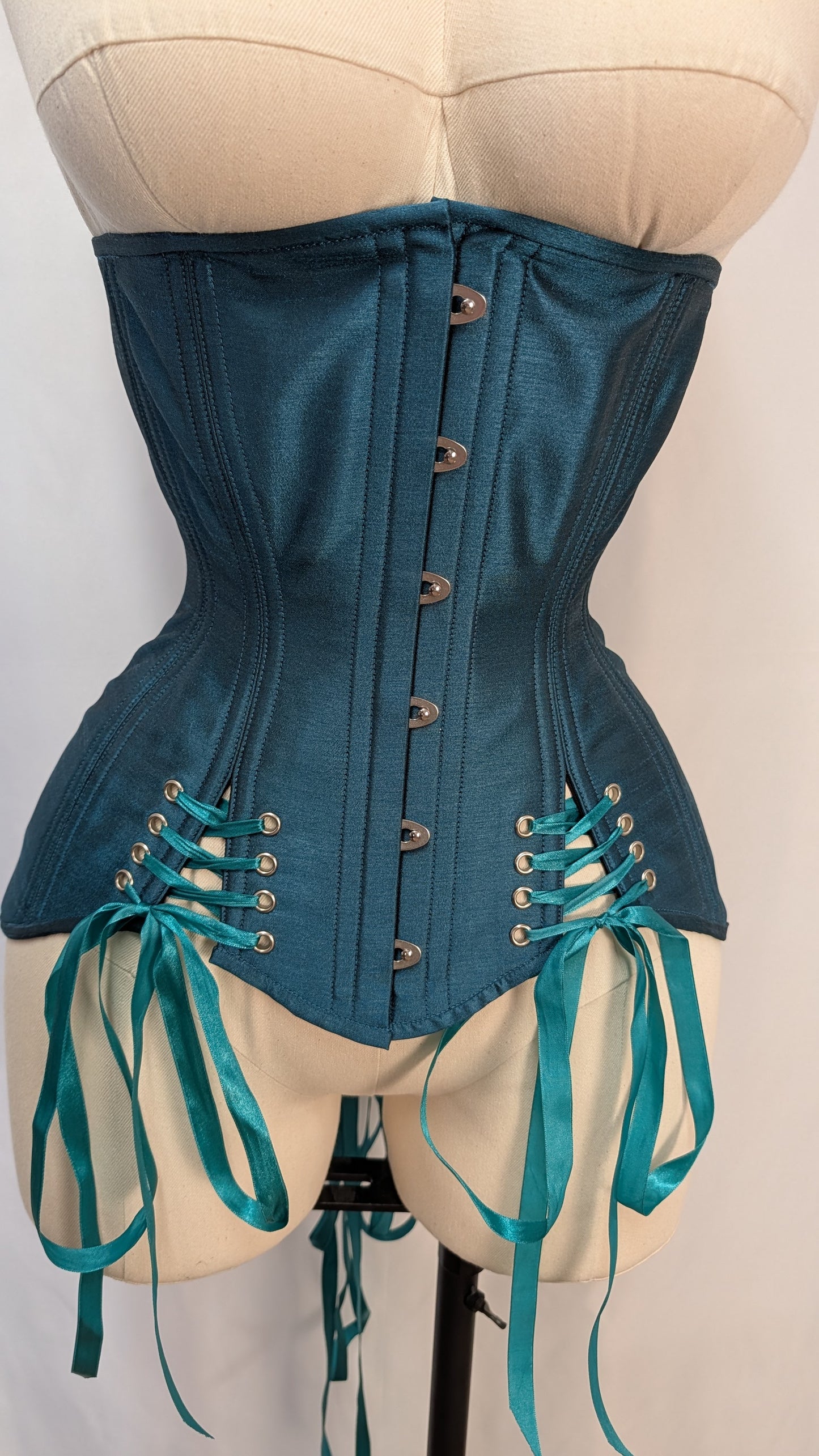 Teal Dupioni Silk Steel Boned Low Hip Edwardian Underbust Corset