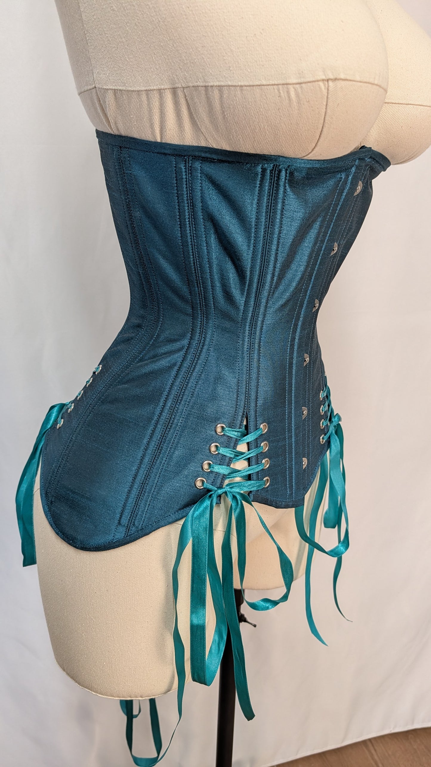 Teal Dupioni Silk Steel Boned Low Hip Edwardian Underbust Corset