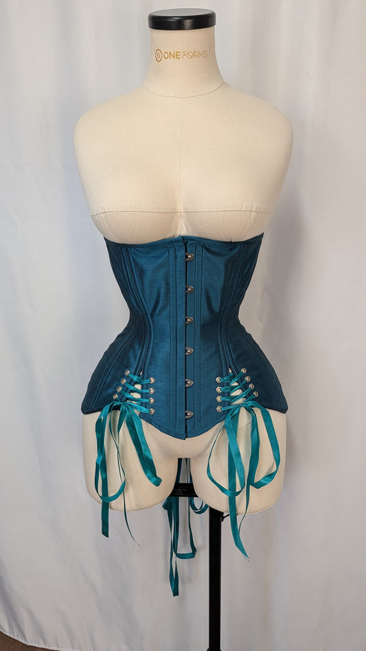 Teal Dupioni Silk Steel Boned Low Hip Edwardian Underbust Corset
