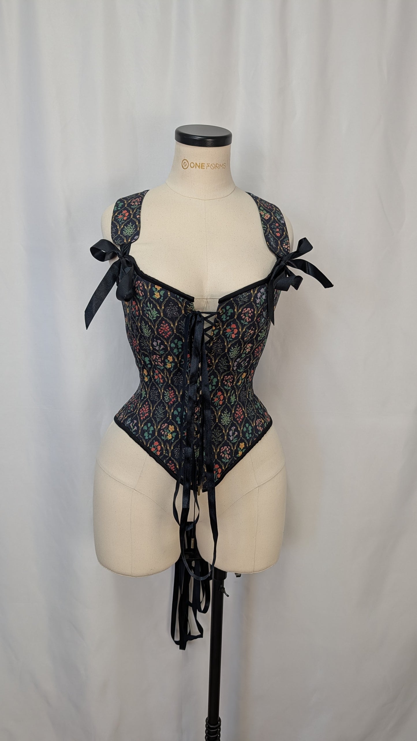 Black Framed Flowers Goblincore Front Lacing Bodice Corset