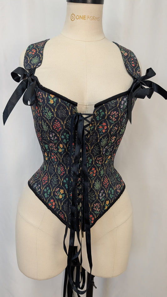 Black Framed Flowers Goblincore Front Lacing Bodice Corset