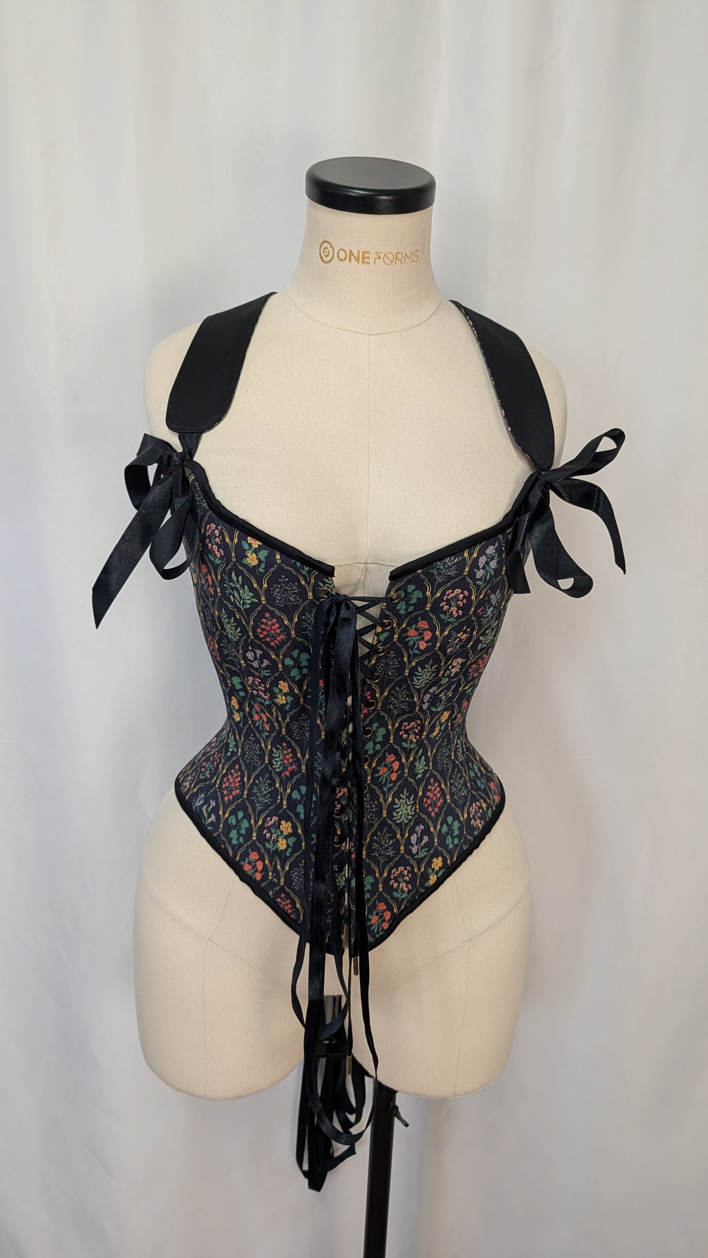 Black Framed Flowers Goblincore Front Lacing Bodice Corset