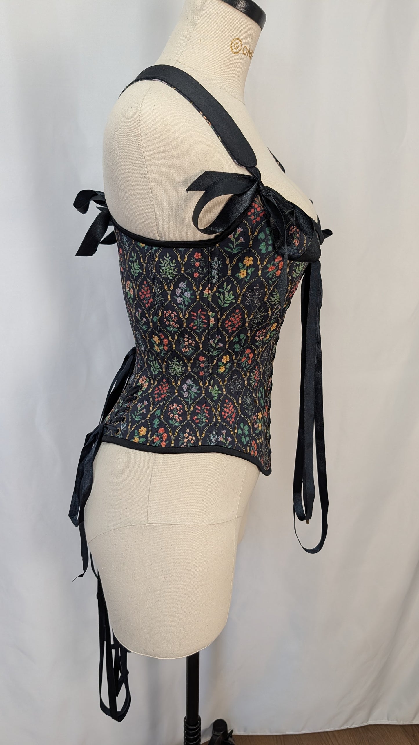 Black Framed Flowers Goblincore Front Lacing Bodice Corset