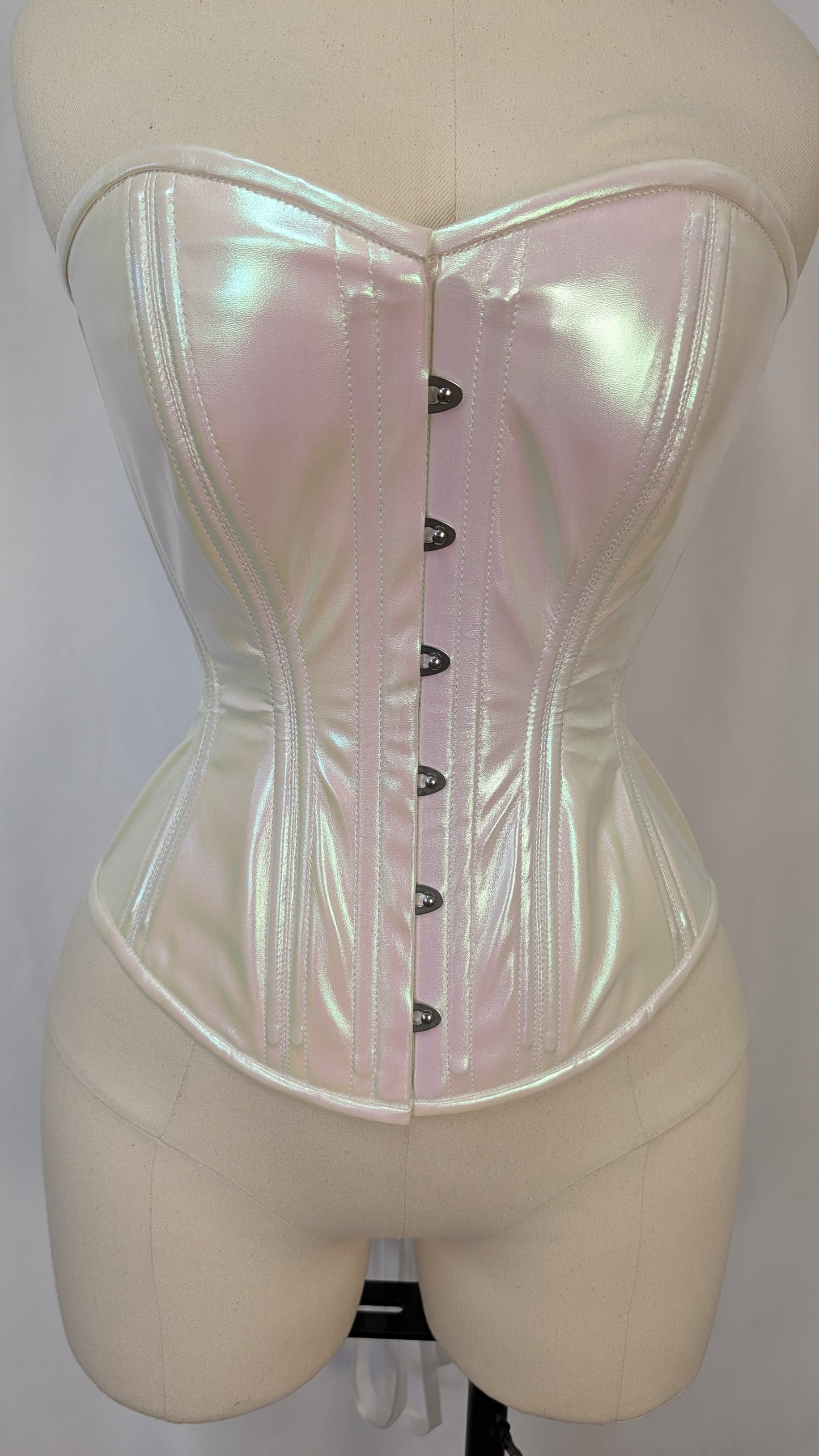 White Iridescent Vinyl Steel Boned Standard Bust Overbust Corset