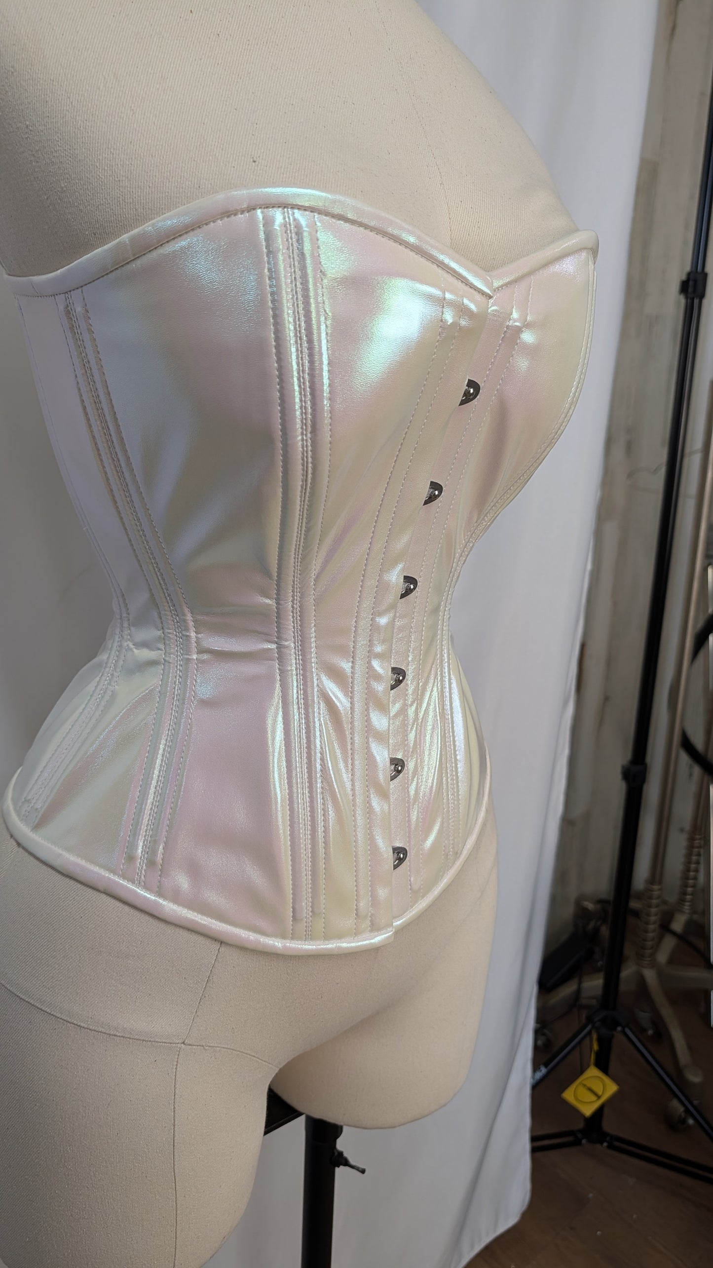 White Iridescent Vinyl Steel Boned Standard Bust Overbust Corset