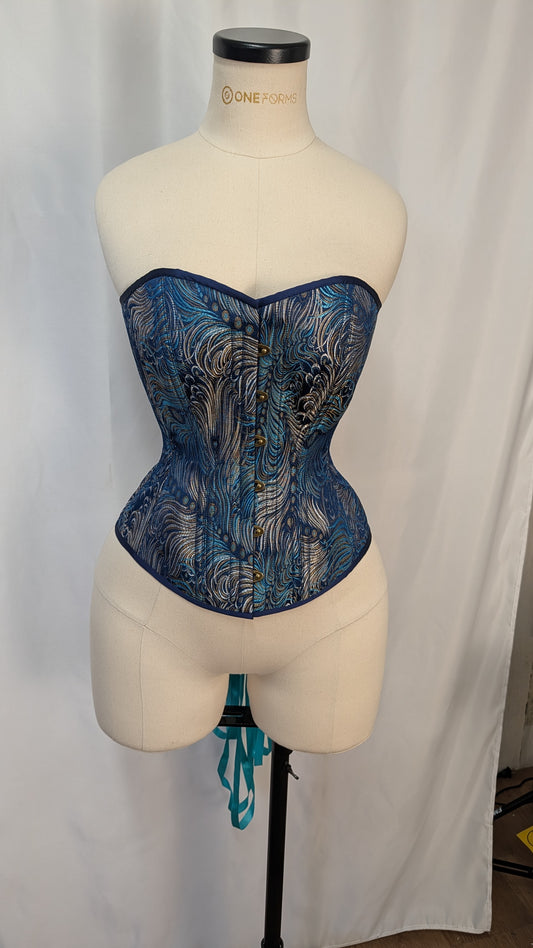 Blue Peacock Feather Brocade Steel Boned Standard Bust Overbust Corset