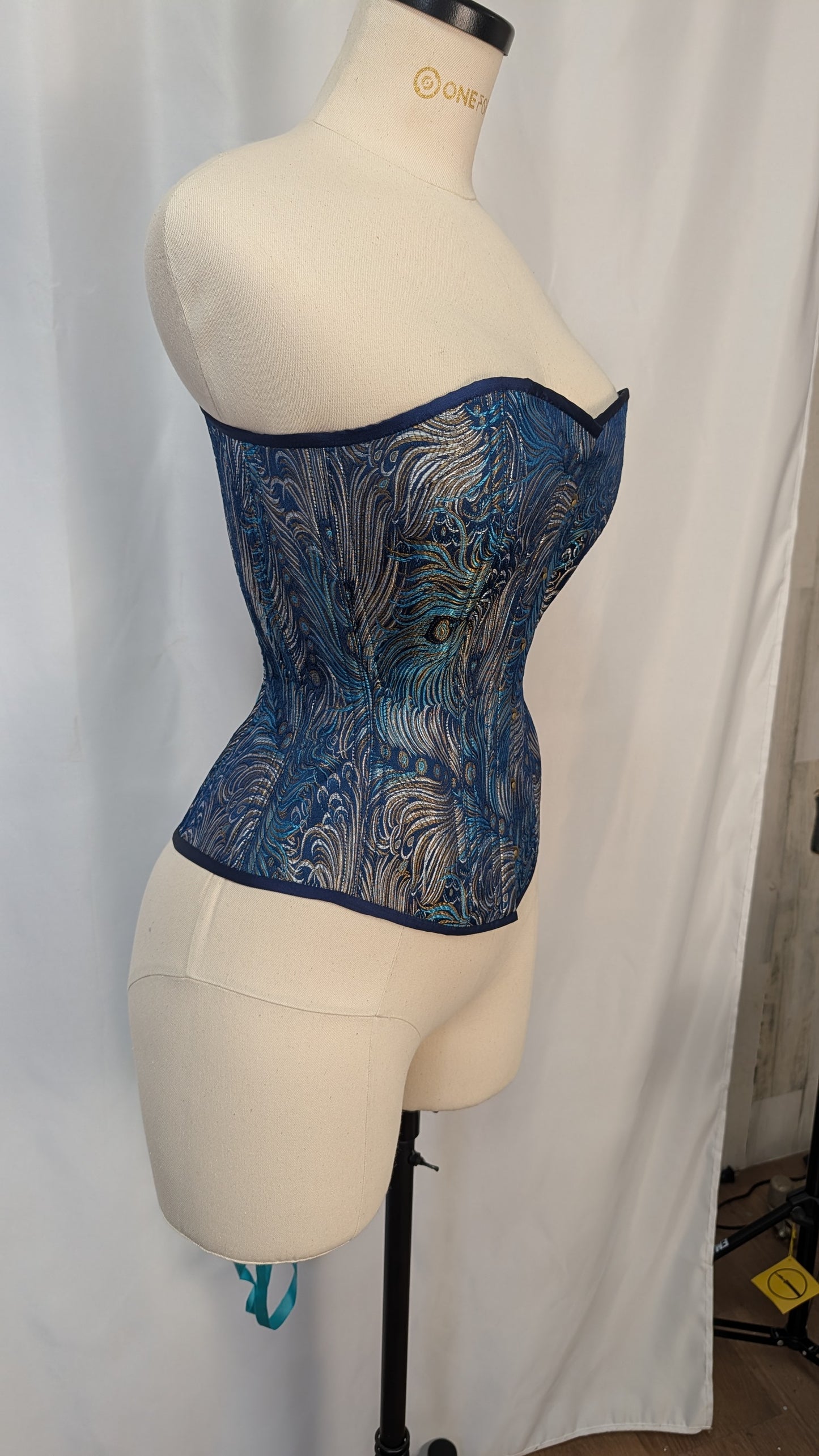 Blue Peacock Feather Brocade Steel Boned Standard Bust Overbust Corset