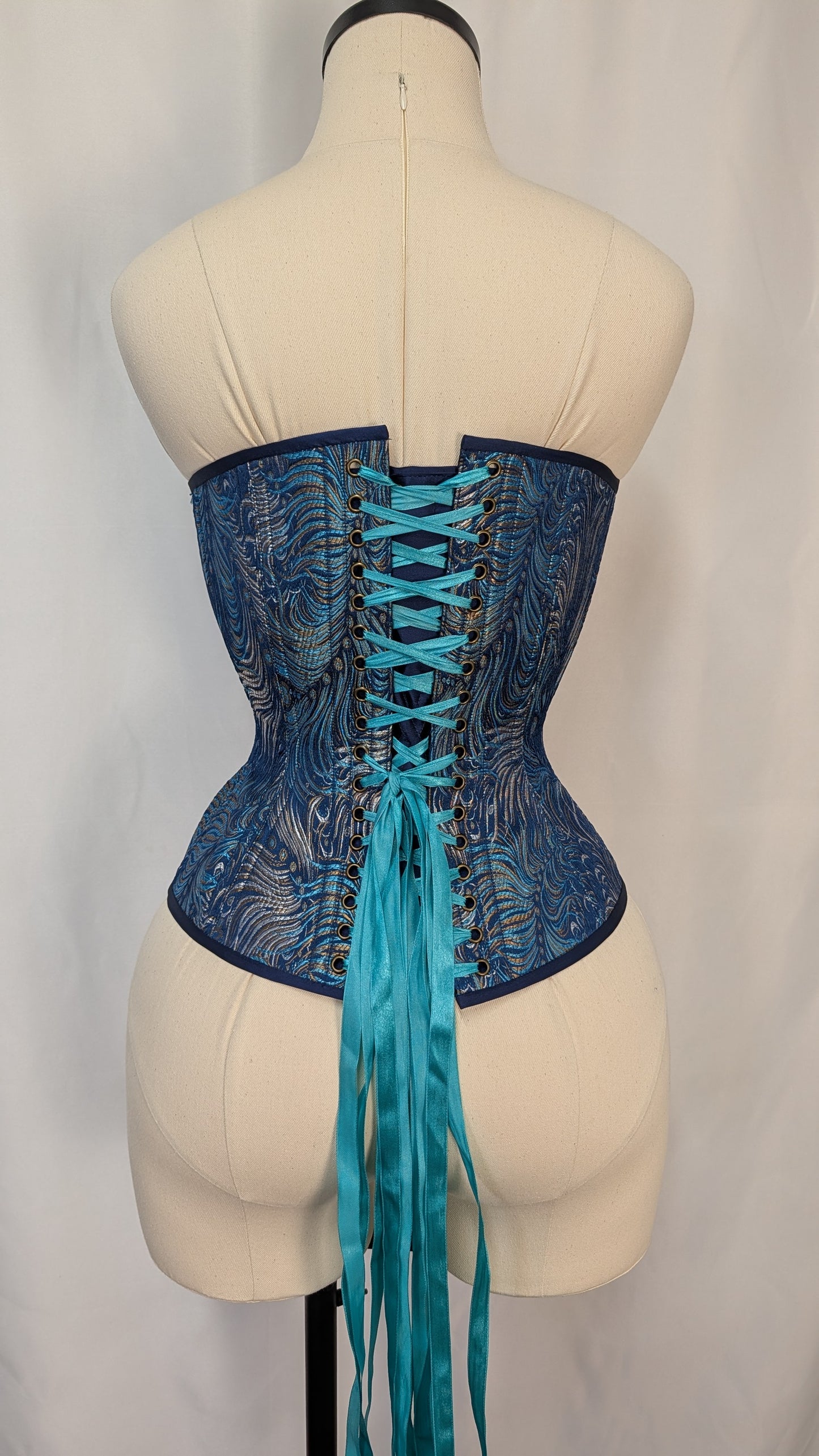 Blue Peacock Feather Brocade Steel Boned Standard Bust Overbust Corset