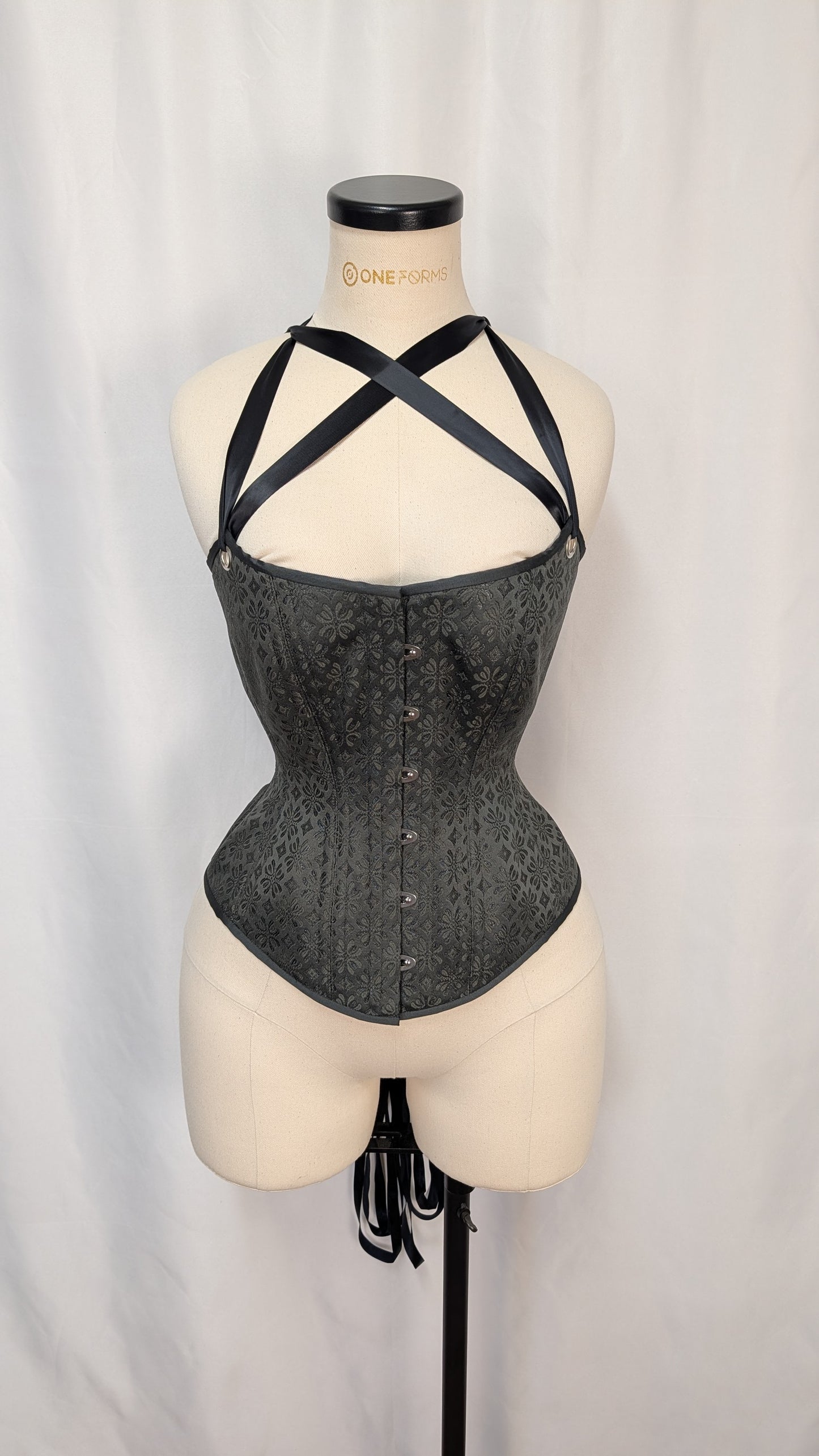 Iron Grey Stars Silk Scoop Neck Steel Boned Overbust Corset