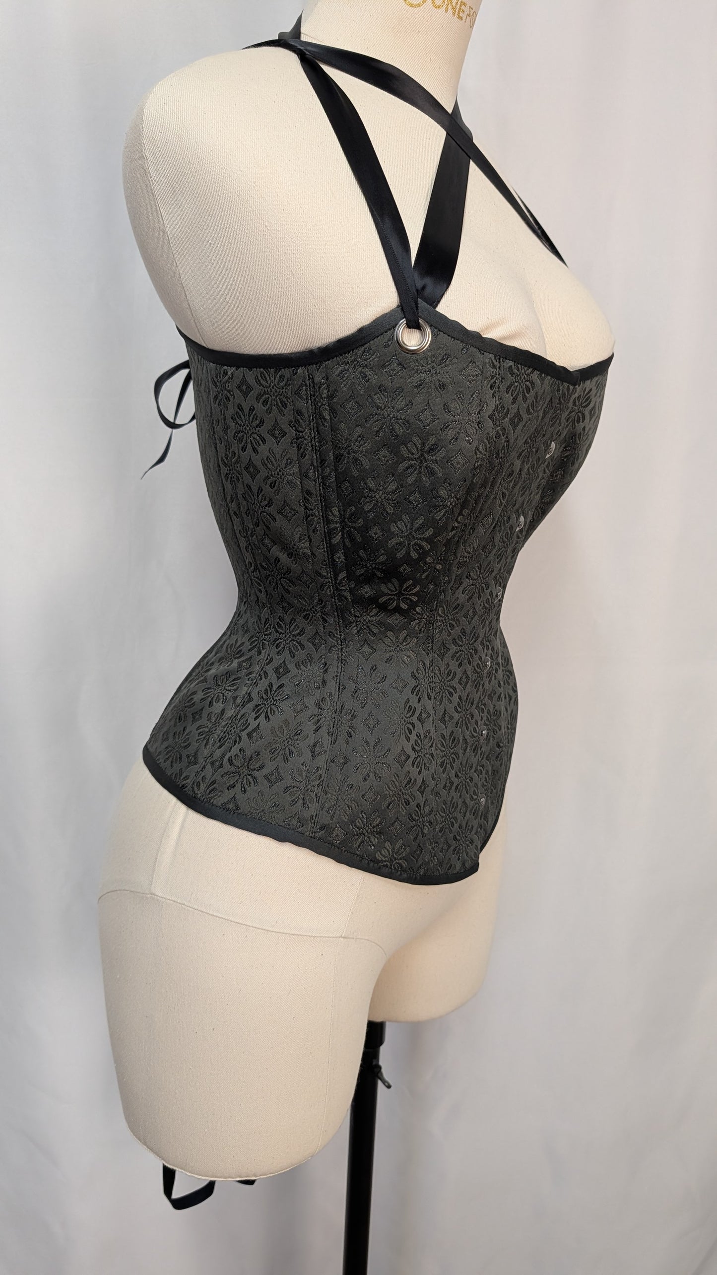 Iron Grey Stars Silk Scoop Neck Steel Boned Overbust Corset