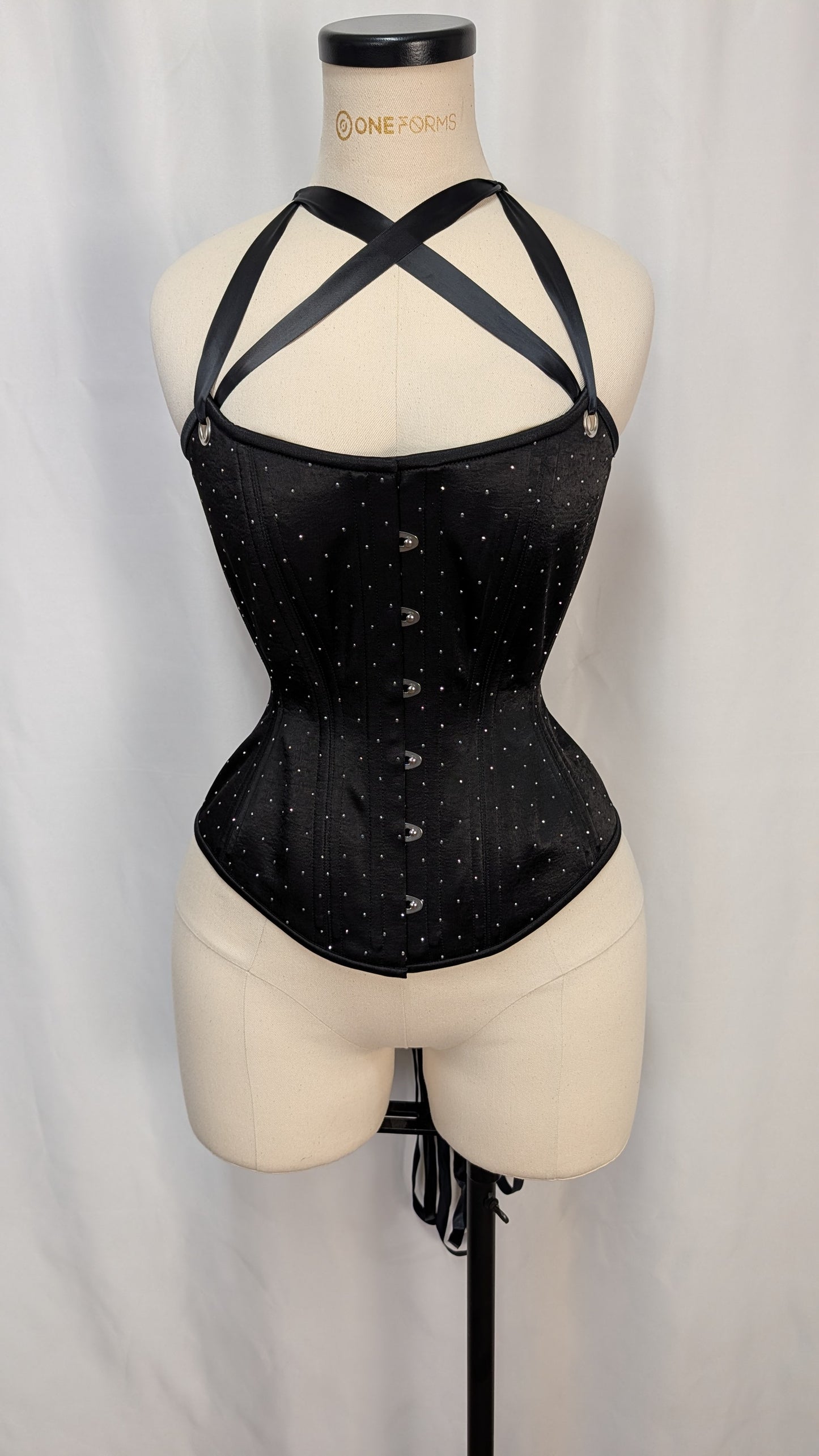 Black Rhinestone Satin Scoop Neck Steel Boned Overbust Corset