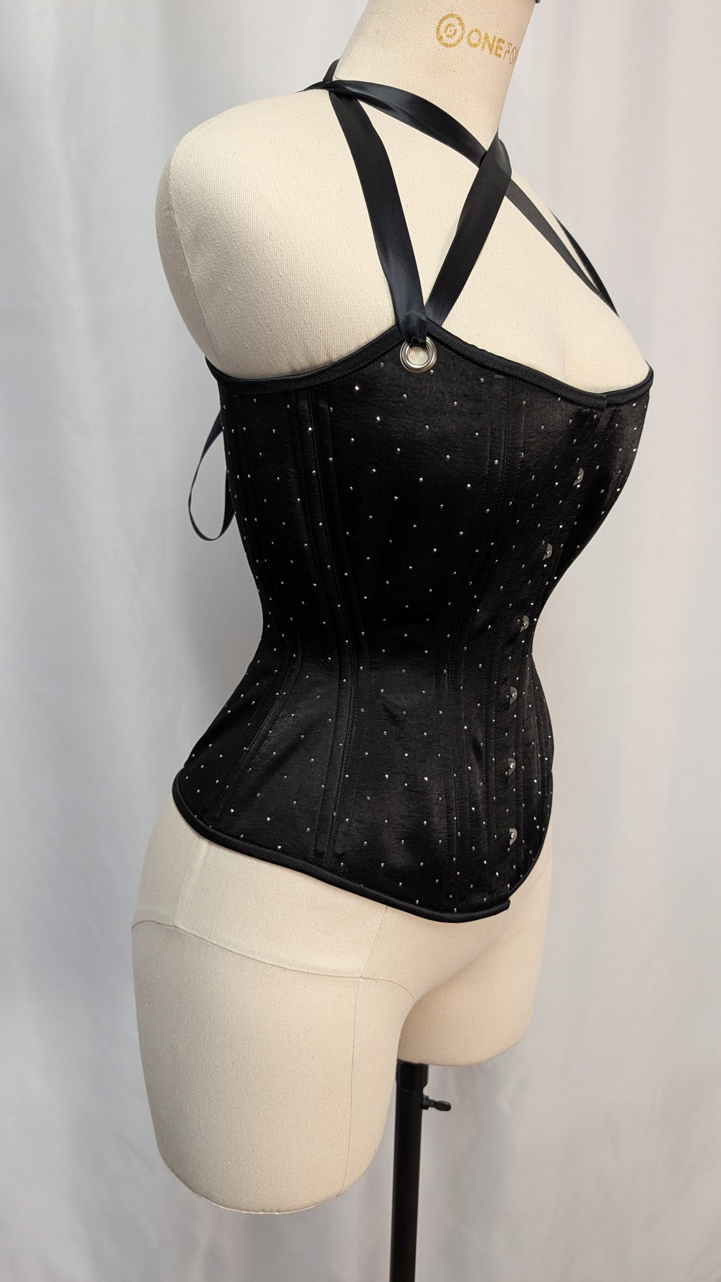 Black Rhinestone Satin Scoop Neck Steel Boned Overbust Corset