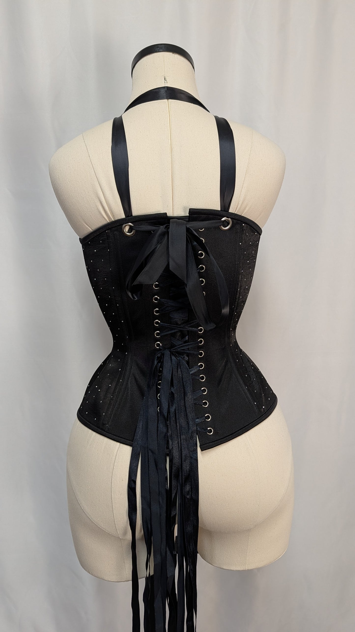 Black Rhinestone Satin Scoop Neck Steel Boned Overbust Corset