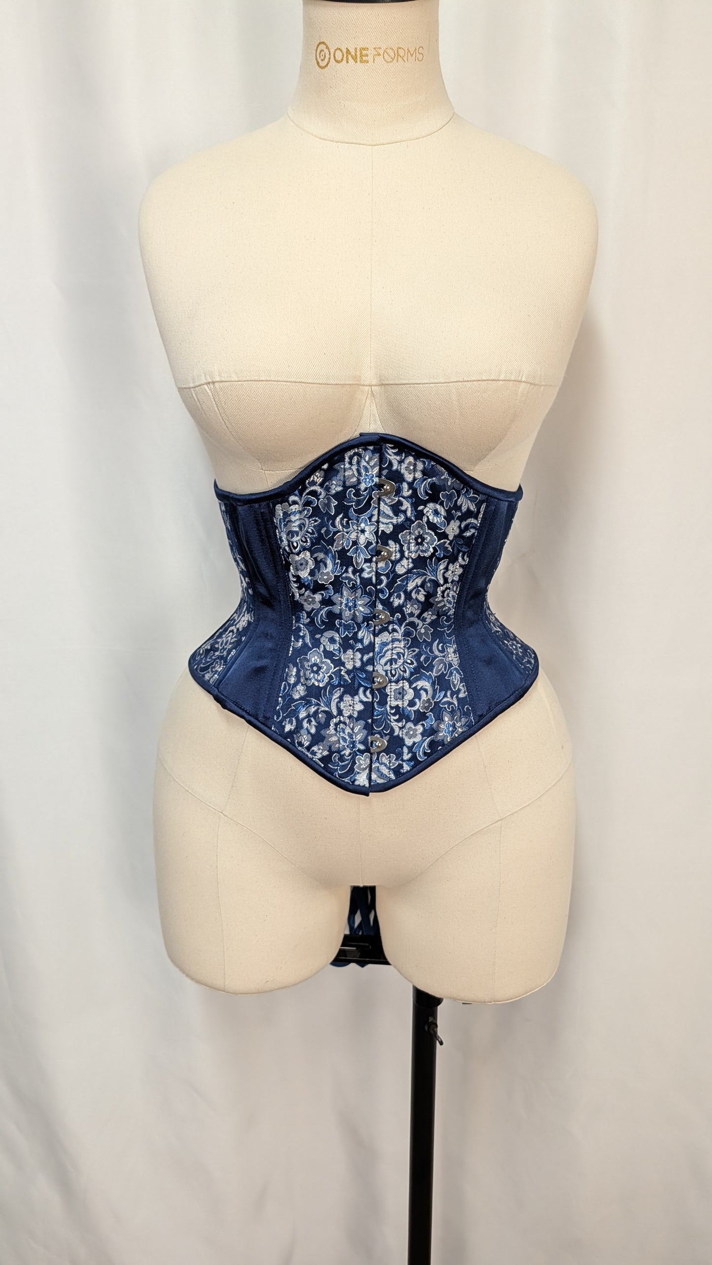 Blue Silver Floral Brocade Steel Boned High Hip Underbust Corset