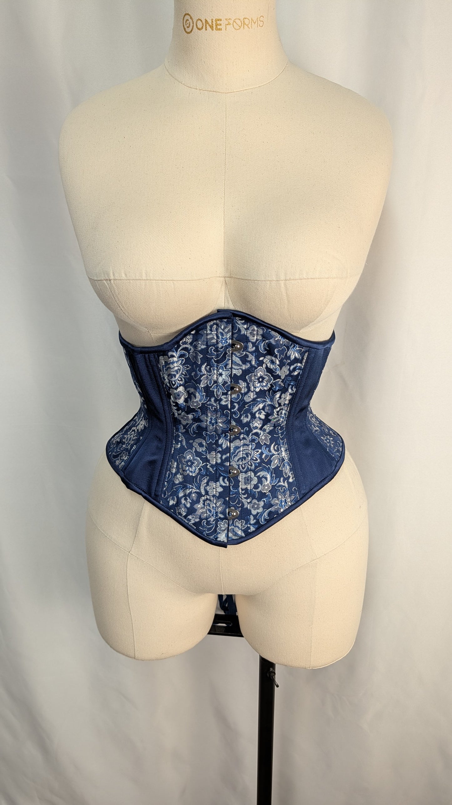 Blue Silver Floral Brocade Steel Boned High Hip Underbust Corset
