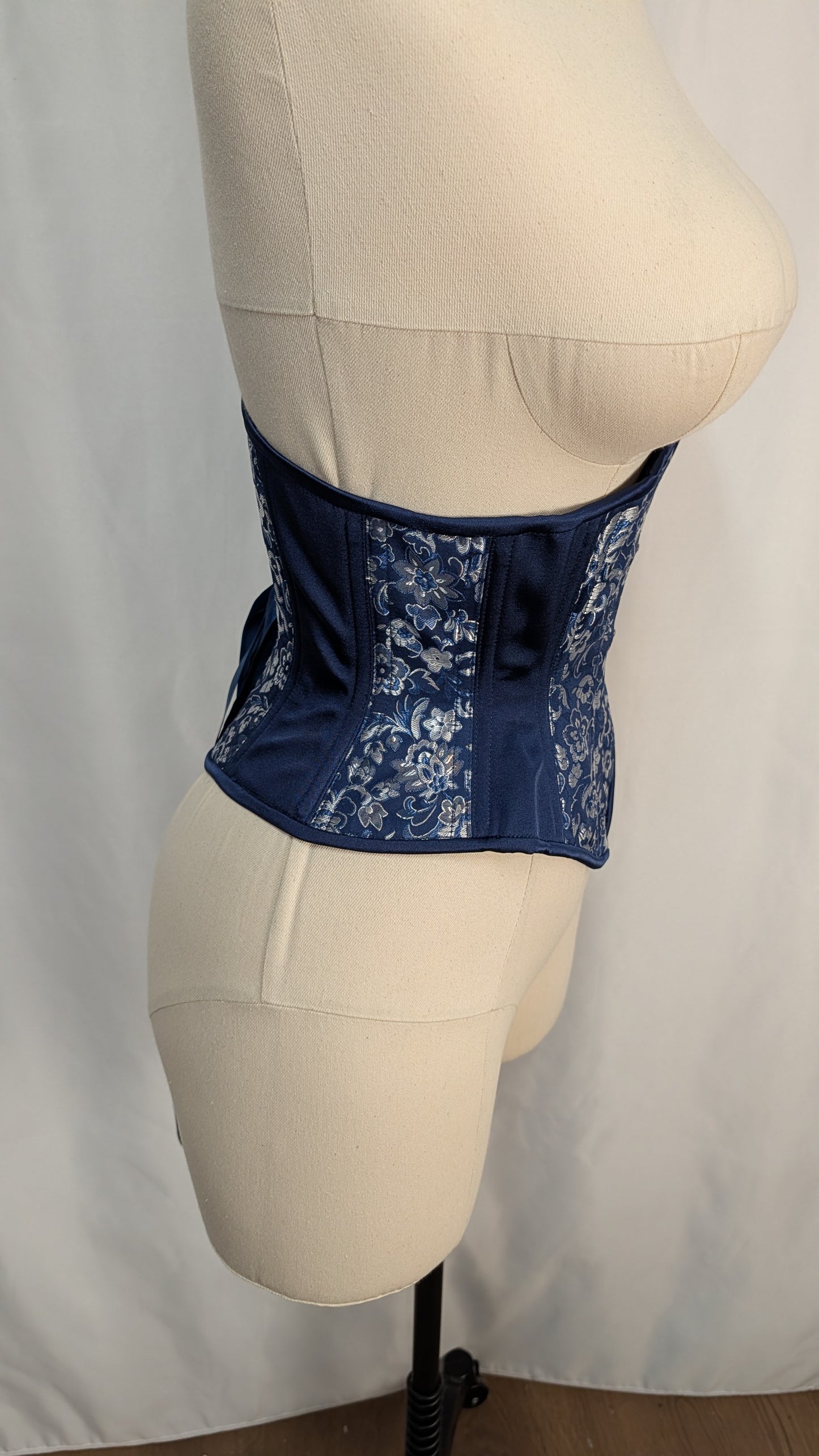 Blue Silver Floral Brocade Steel Boned High Hip Underbust Corset