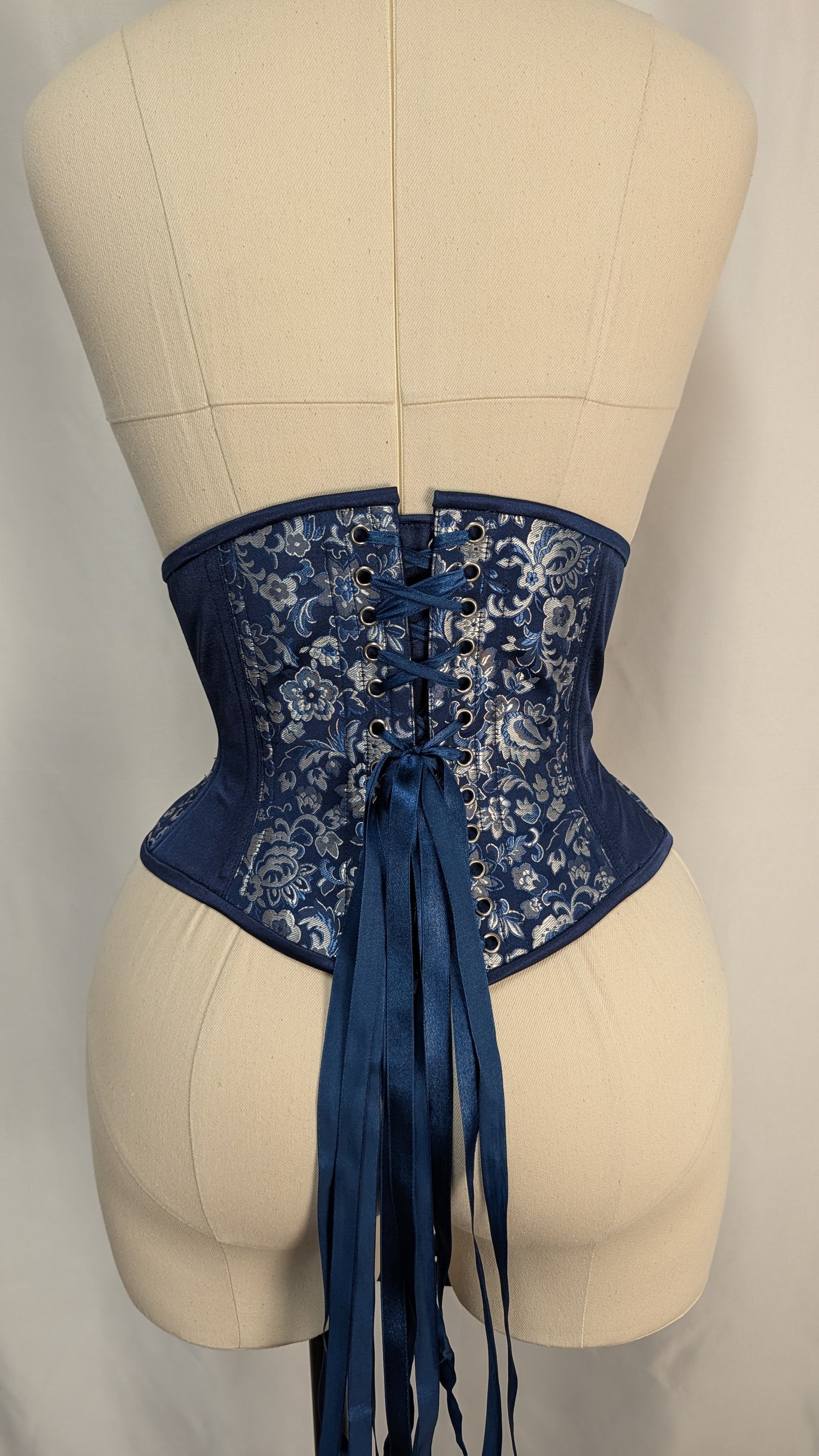 Blue Silver Floral Brocade Steel Boned High Hip Underbust Corset