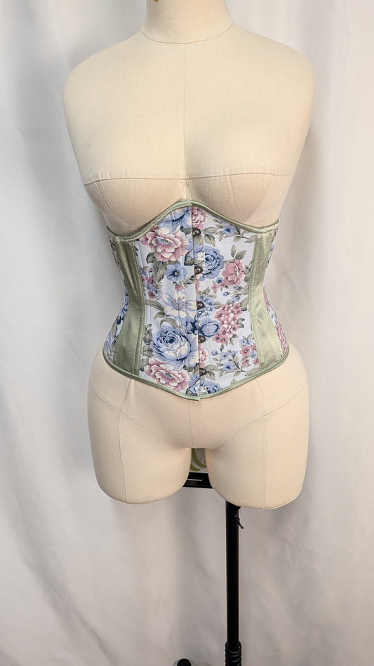 Blue and Sage Floral Steel Boned Low Curve Mid Hip Underbust Corset
