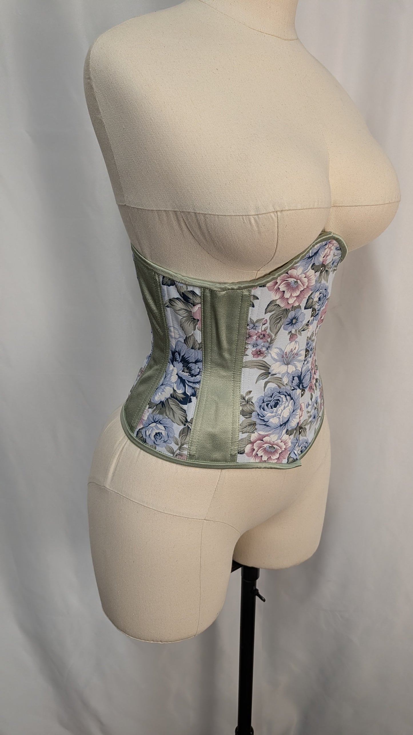 Blue and Sage Floral Steel Boned Low Curve Mid Hip Underbust Corset
