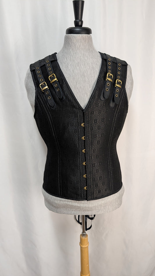 Black Geometric Silk Floral Adjustable Men's Corset Vest