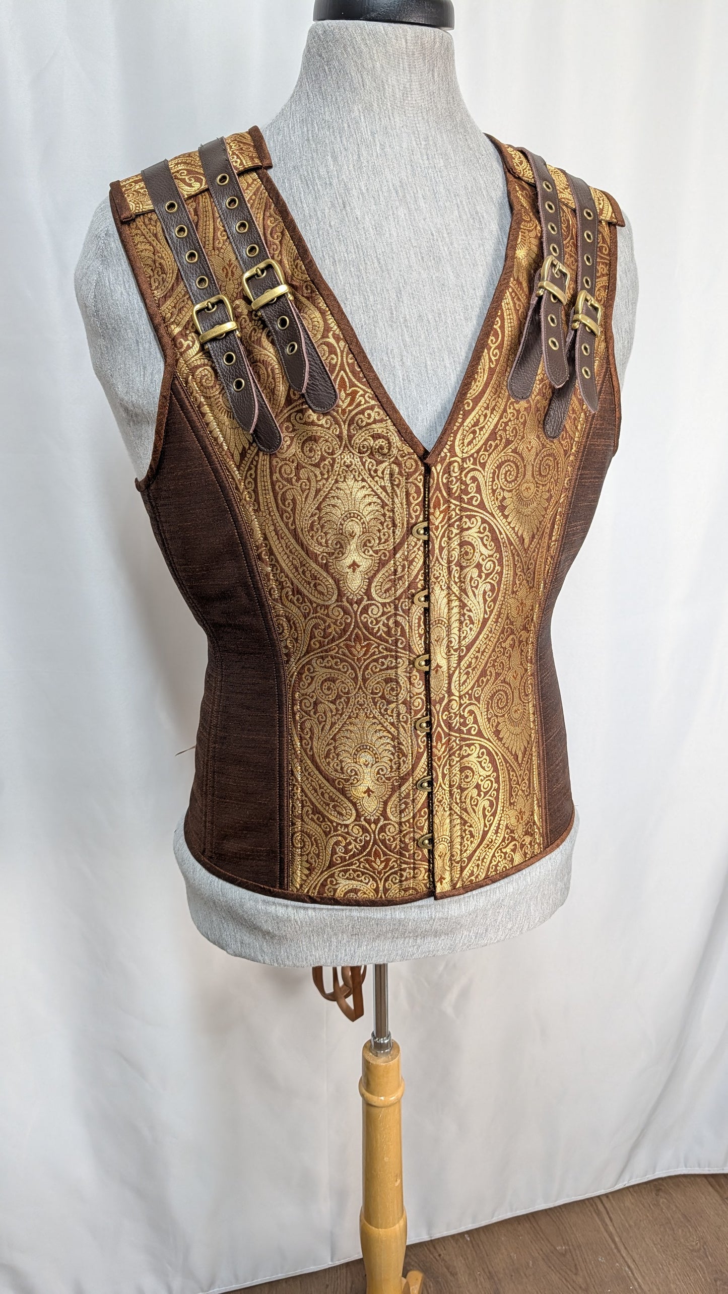 Brown Gold Damask Jacquard Adjustable Men's Corset Vest