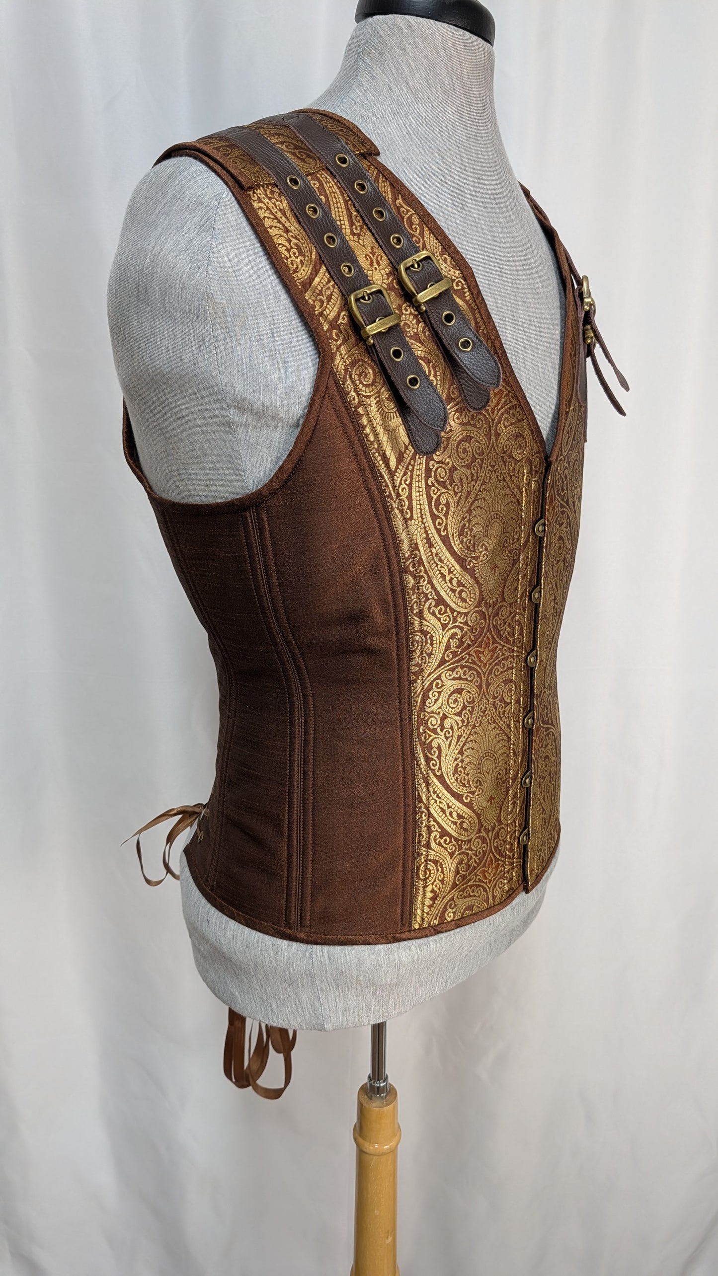 Brown Gold Damask Jacquard Adjustable Men's Corset Vest