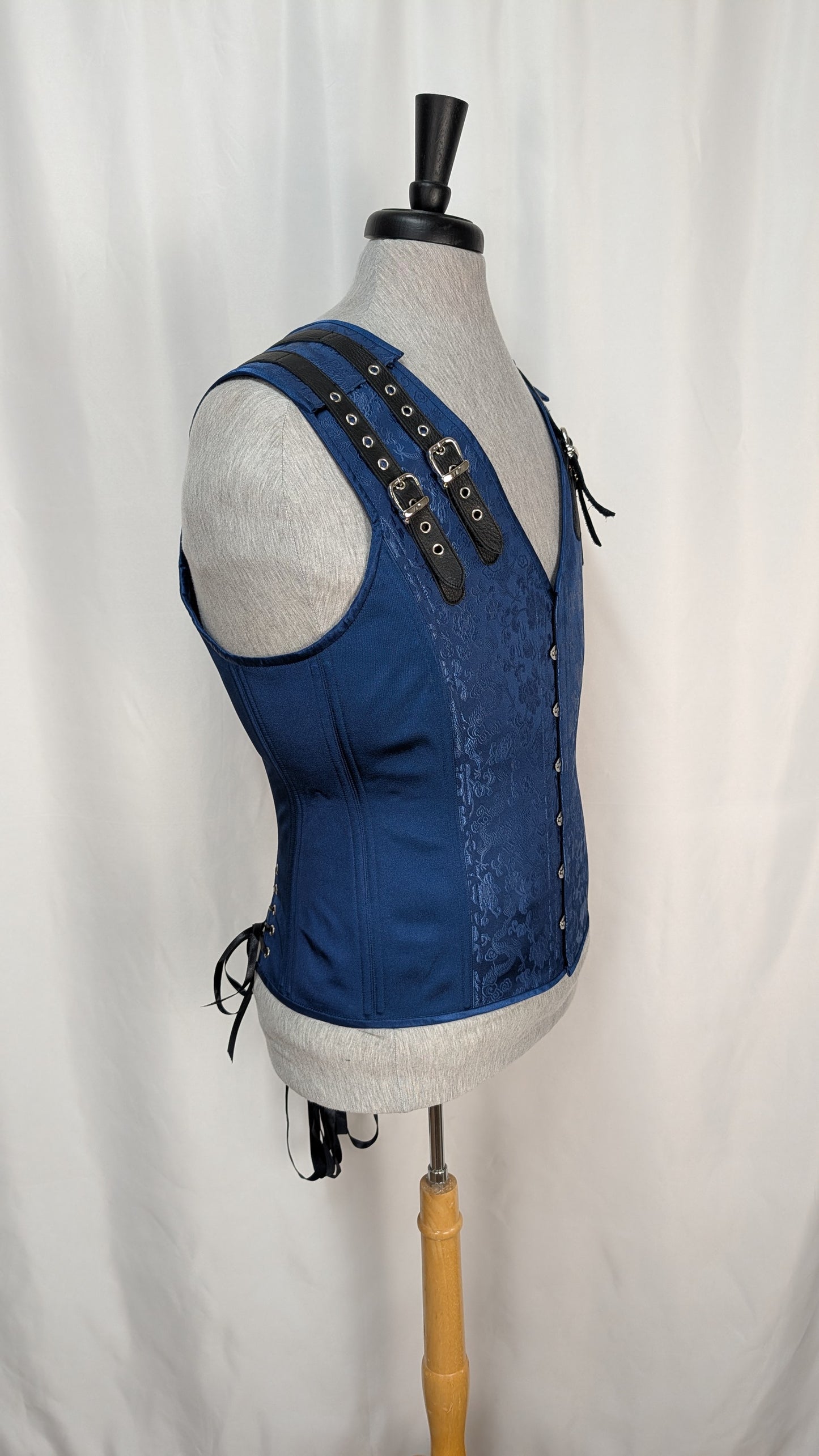 Colonial Blue Dragon Brocade Adjustable Men's Corset Vest