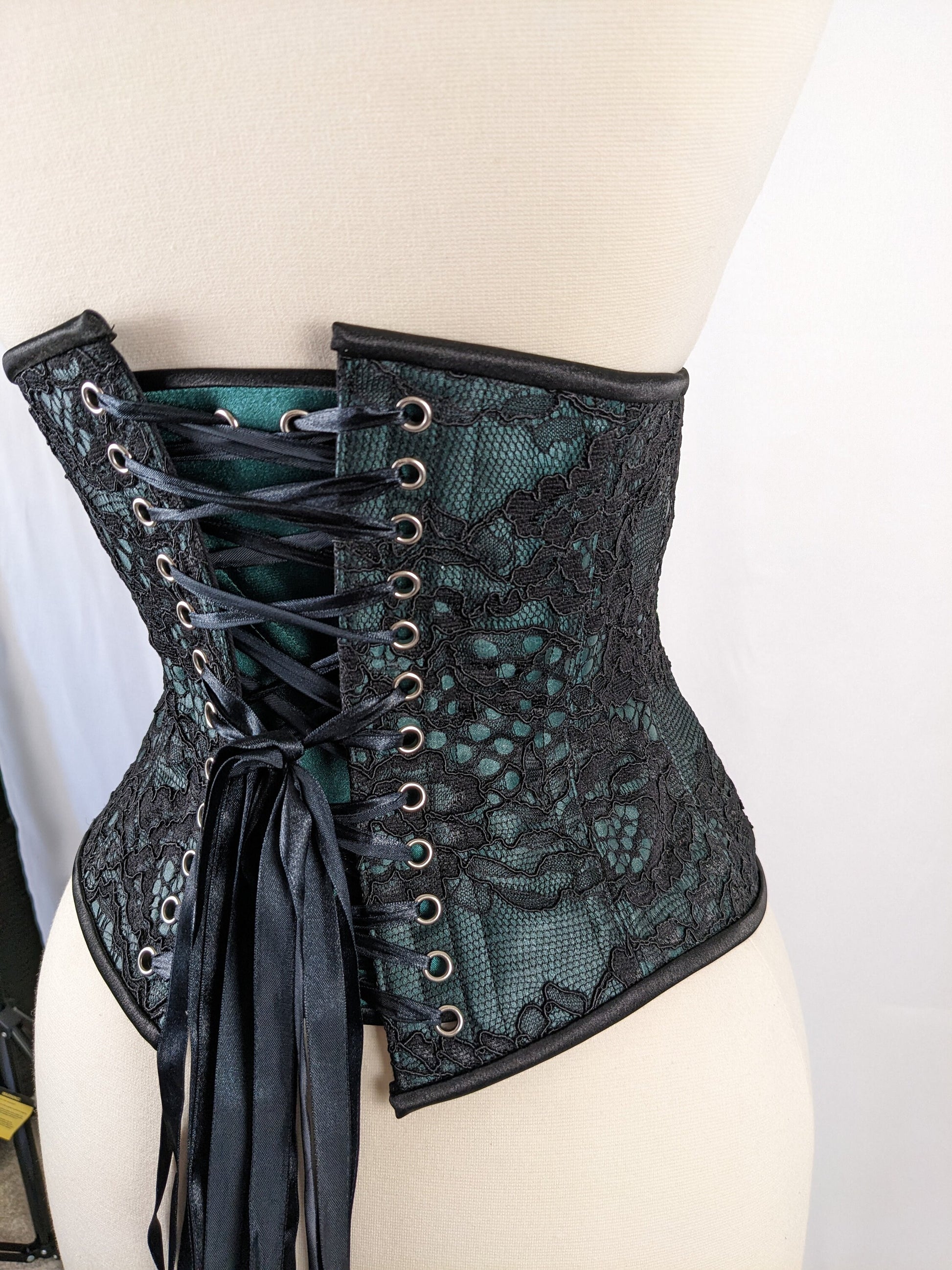 Black Lace and Green Satin Steel Boned Low Curve Mid Hip Underbust Corset